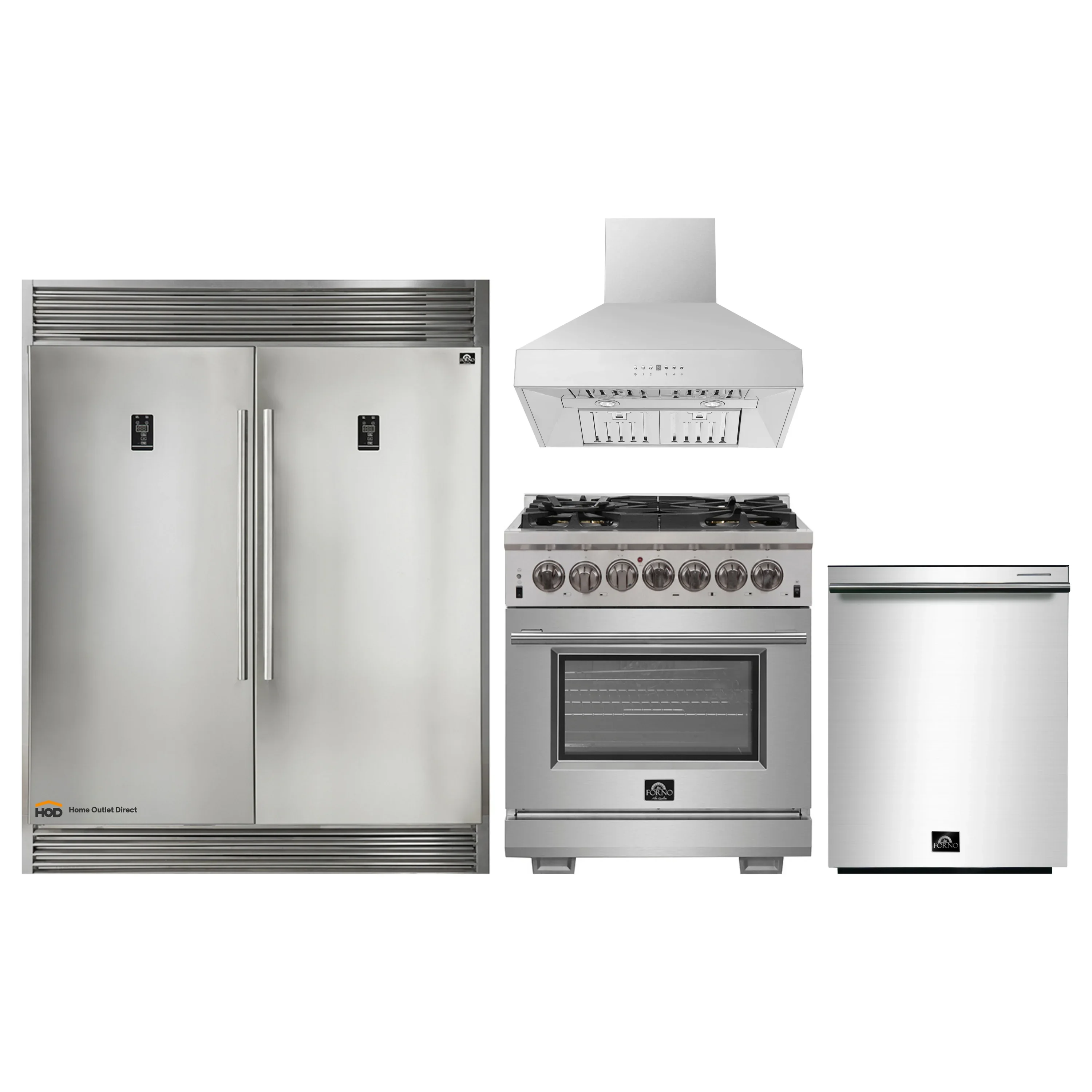 Forno 4-Piece Pro Appliance Package - 30-Inch Dual Fuel Range, 60-Inch Pro-Style Refrigerator, Wall Mount Hood, & 3-Rack Dishwasher in Stainless Steel