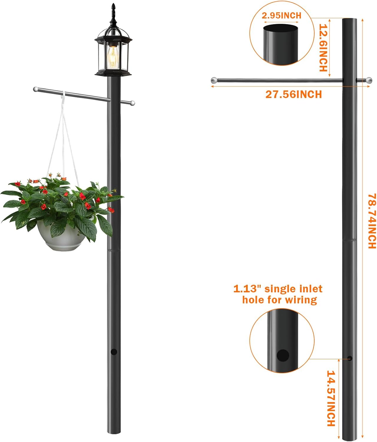 KAXIWEI Outdoor Direct Burial Lamp Post with Metal Cross Arm - 80 Inch Fits Most Standard 3