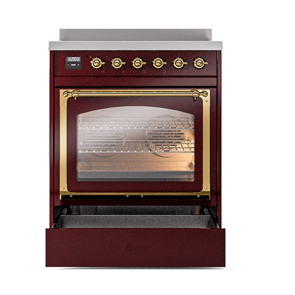 ILVE Nostalgie II Noblesse 30-Inch Induction Range with Triple Glass Door in Burgundy with Brass Trim (UNI304NMPBUG)