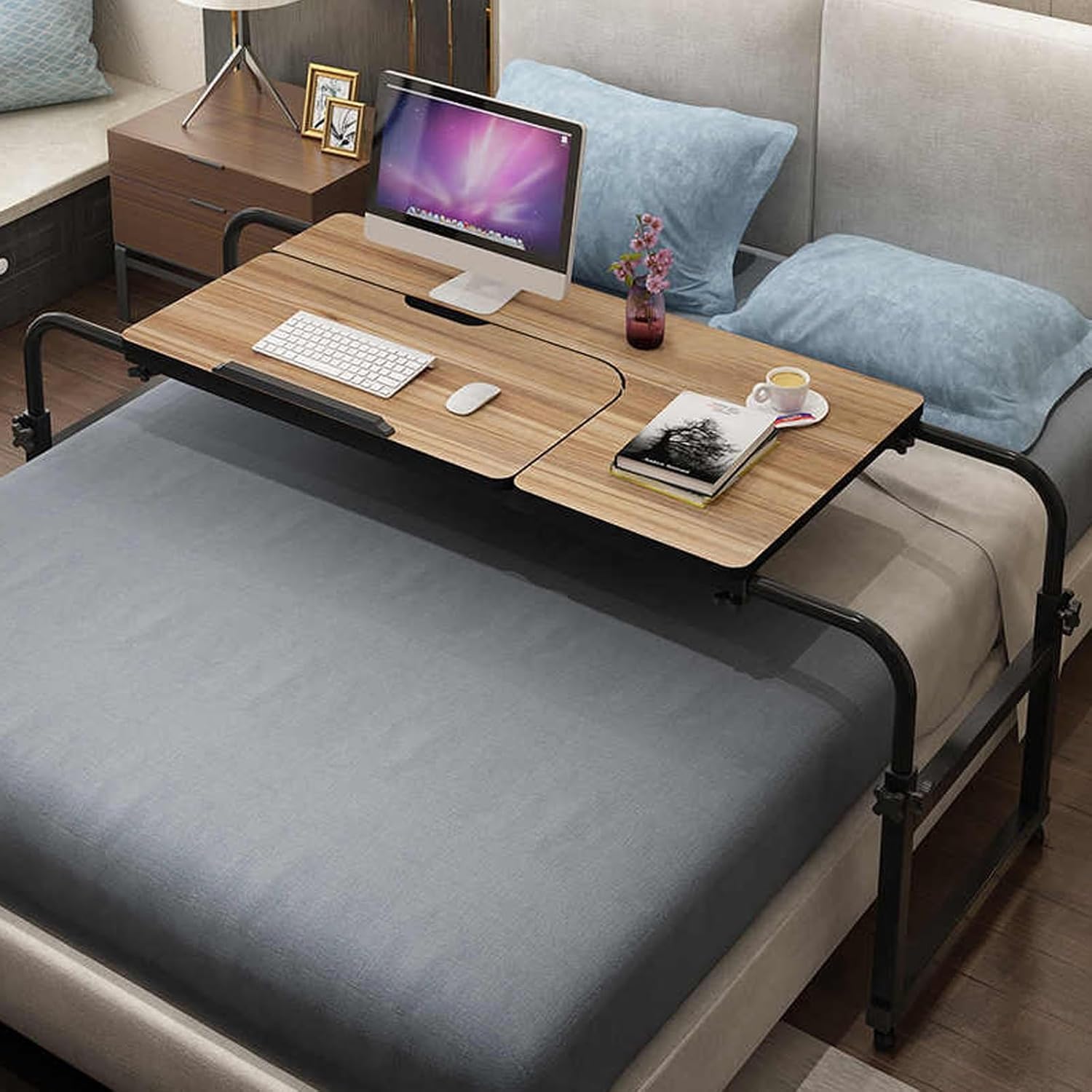 Adjustable Overbed Table with Wheels, Tiltable Tabletop for Laptop and Work, Ideal for Hospital and Home Use