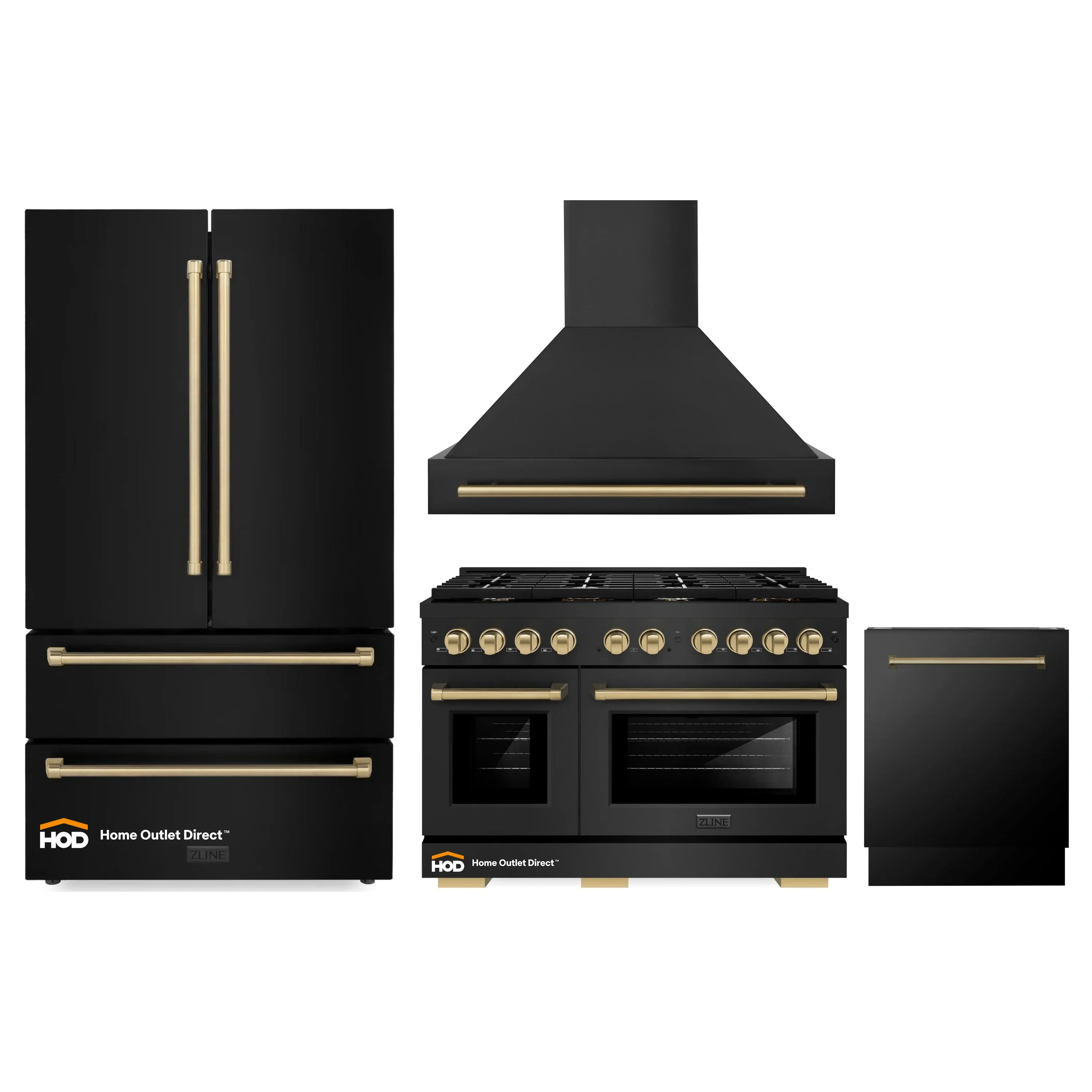 ZLINE Autograph Edition 4-Piece Appliance Package - 48-Inch Gas Range, Refrigerator, Wall Mounted Range Hood, & 24-Inch Tall Tub Dishwasher in Black Stainless Steel with Champagne Bronze Trim (4AKPR-SGRBRHDWV48-CB)