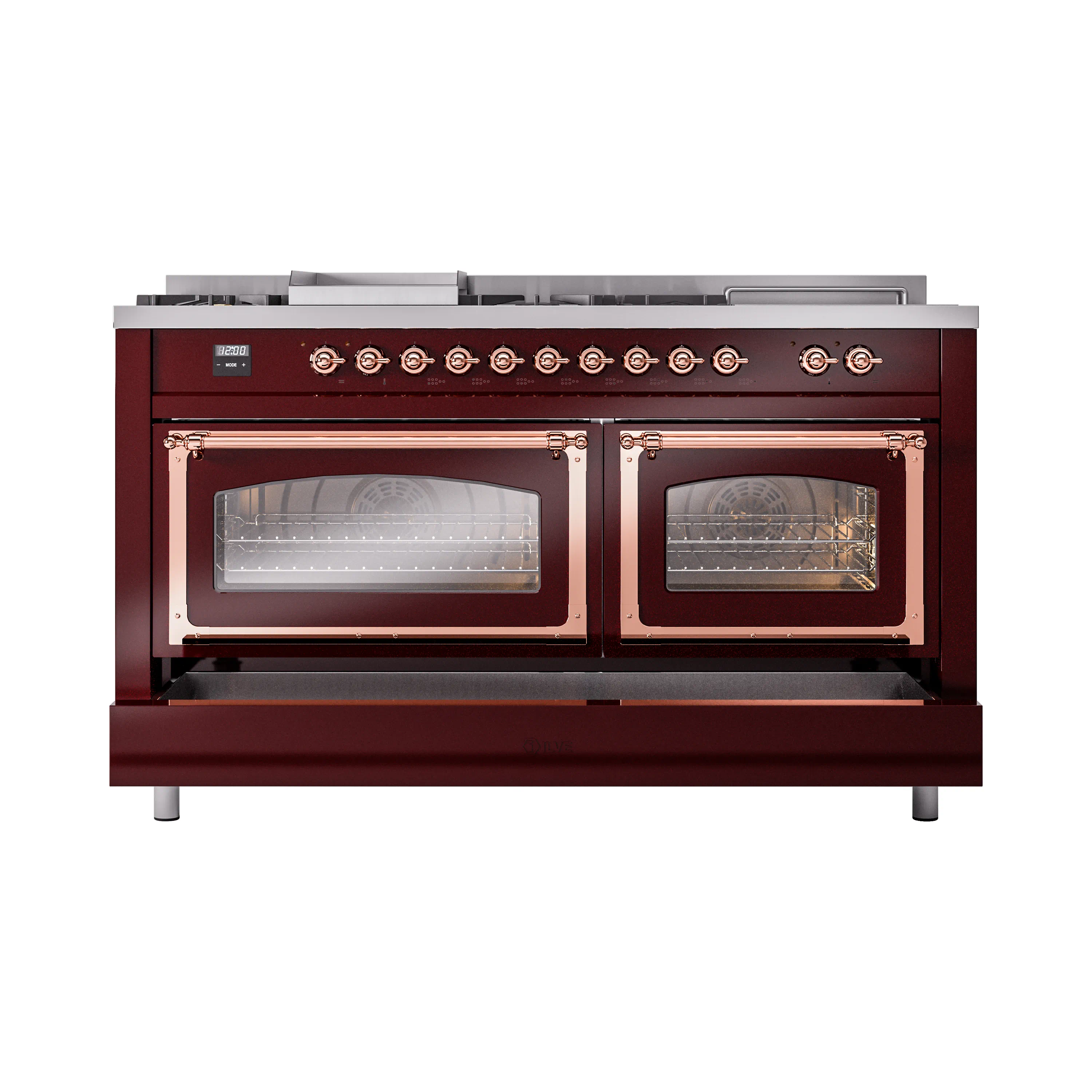 ILVE 60-Inch Nostalgie II Noblesse Dual Fuel Range with 7 Sealed Burners, Griddle, French Top and Triple Glass Door Oven in Burgundy with Copper Trim (UN60FSNMPBUP)