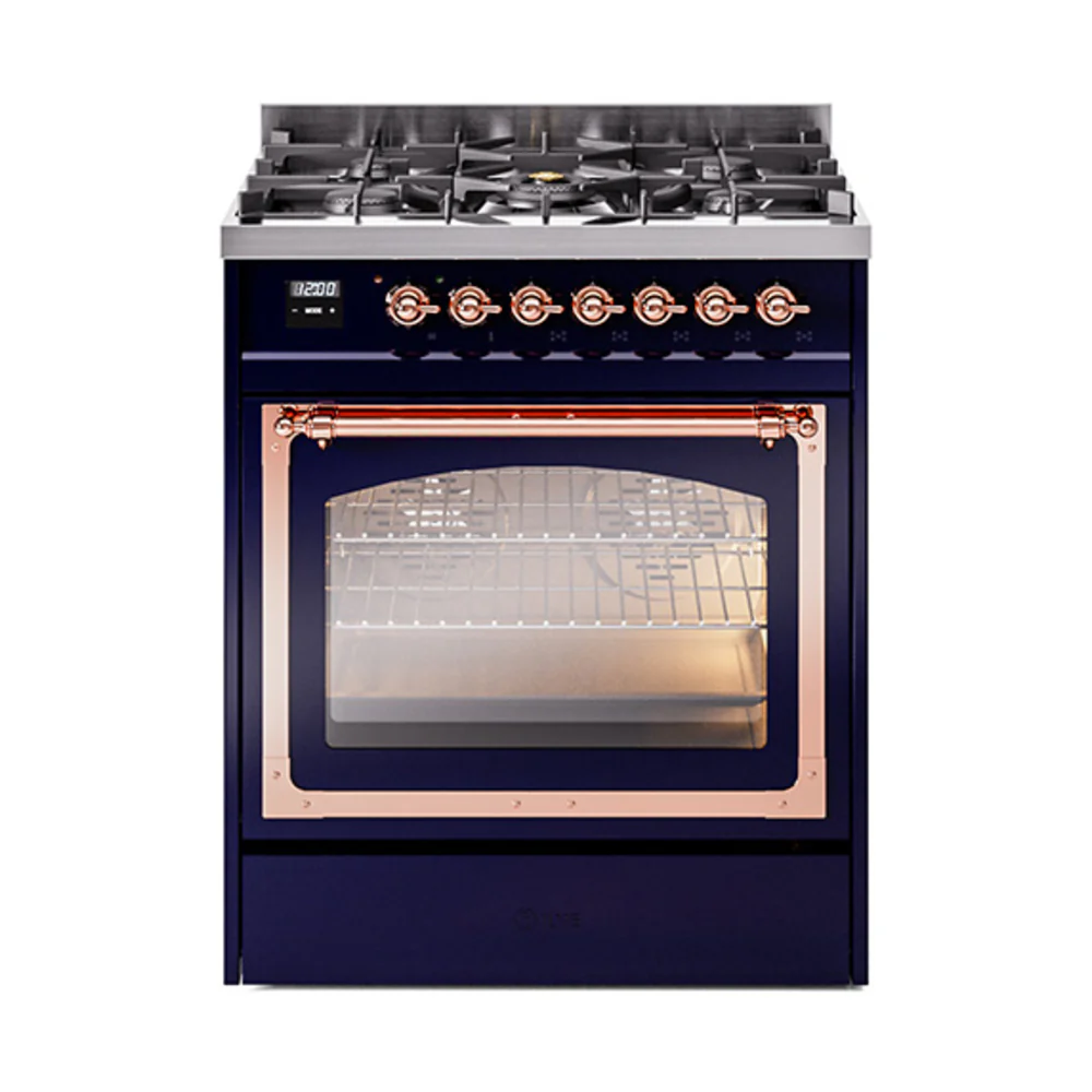 ILVE Nostalgie II Noblesse 30-Inch Dual Fuel Range with Triple Glass Door in Midnight Blue with Copper Trim (UN30NMPMBP)