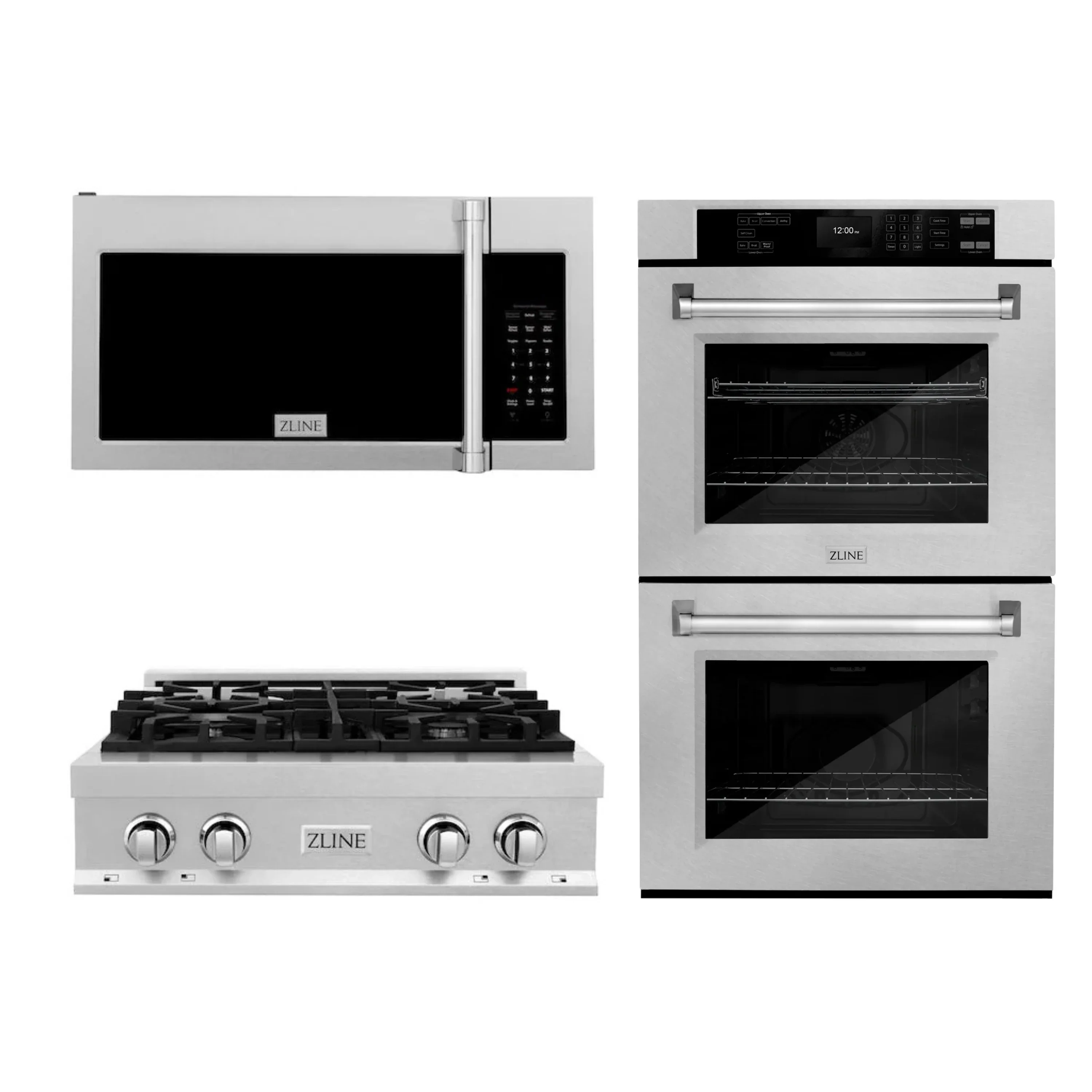 ZLINE 3-Piece Appliance Package - 36-Inch Rangetop, Over-the-Range Microwave Oven, and Double Wall Oven in Satin Stainless Steel (3KP-RTSOTR30-AWD)