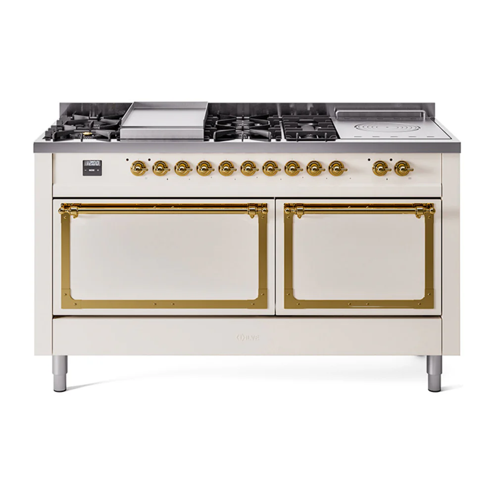 ILVE 60-Inch Nostalgie II Noblesse Dual Fuel Range with 7 Sealed Burners, Gridlde, French Top, and Solid Door Oven in Antique White with Brass Trim (UN60FSQNMPAWG)