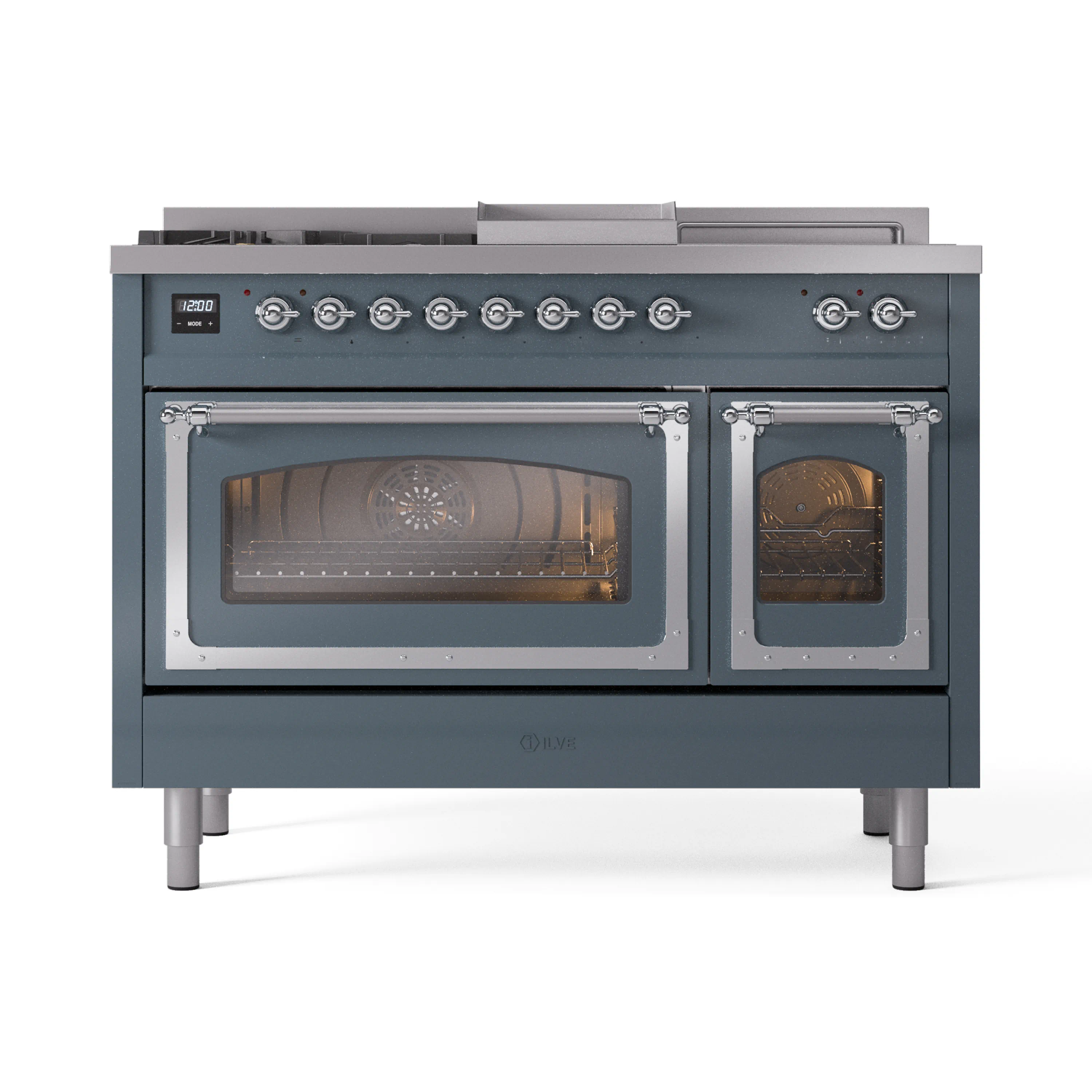 ILVE Nostalgie II Noblesse 48-Inch Dual Fuel Range with 5 Burners, Griddle, & French Top with Triple Glass Door Oven in Blue Grey with Chrome Trim (UN48FSNMPBGC)