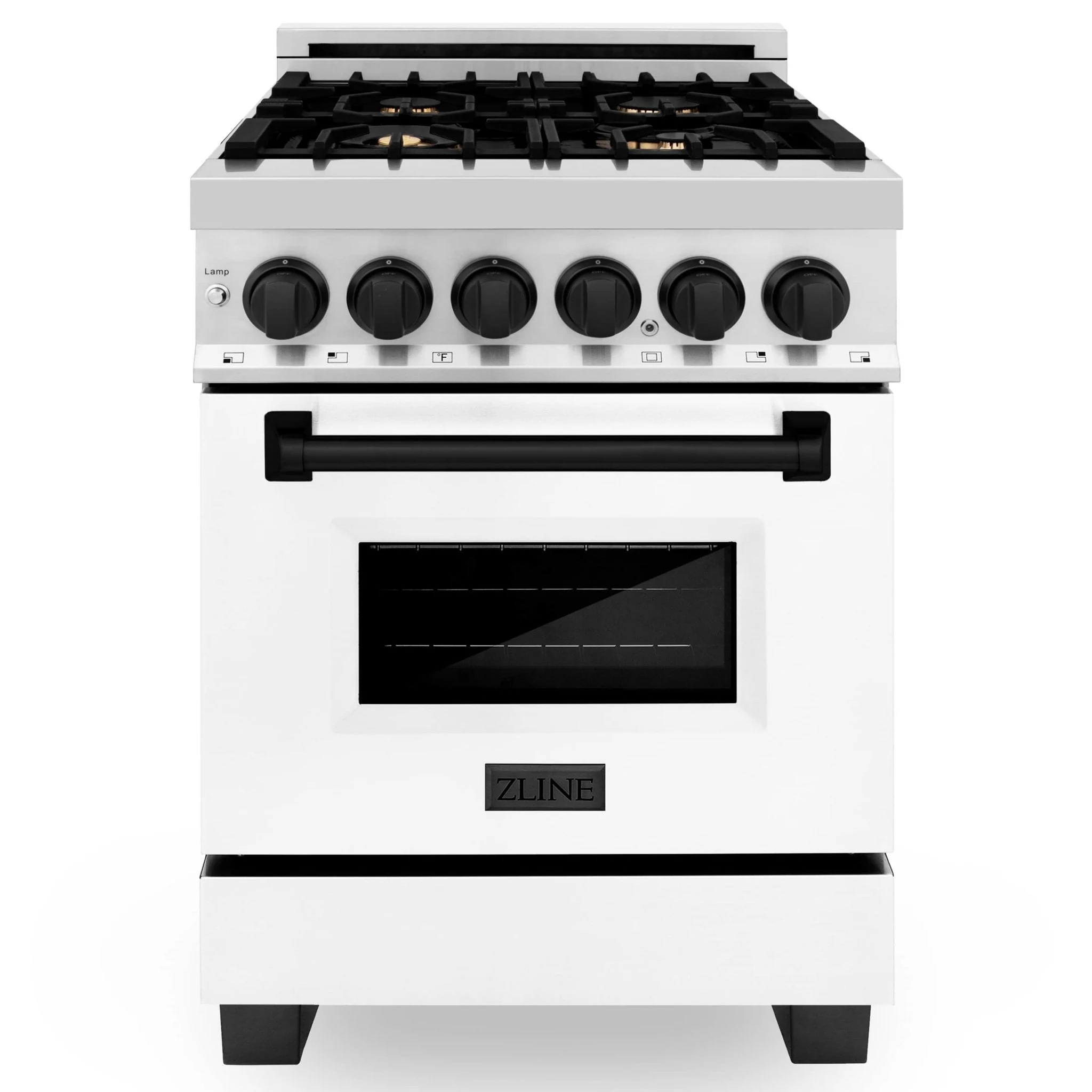 ZLINE Legacy Series Autograph Edition 24-inch Dual Fuel Range with Gas Stove and 2.8 Cu. Ft. Electric Oven in Stainless Steel with White Matte Door and Matte Black Accents (RAZ-WM-24-MB)