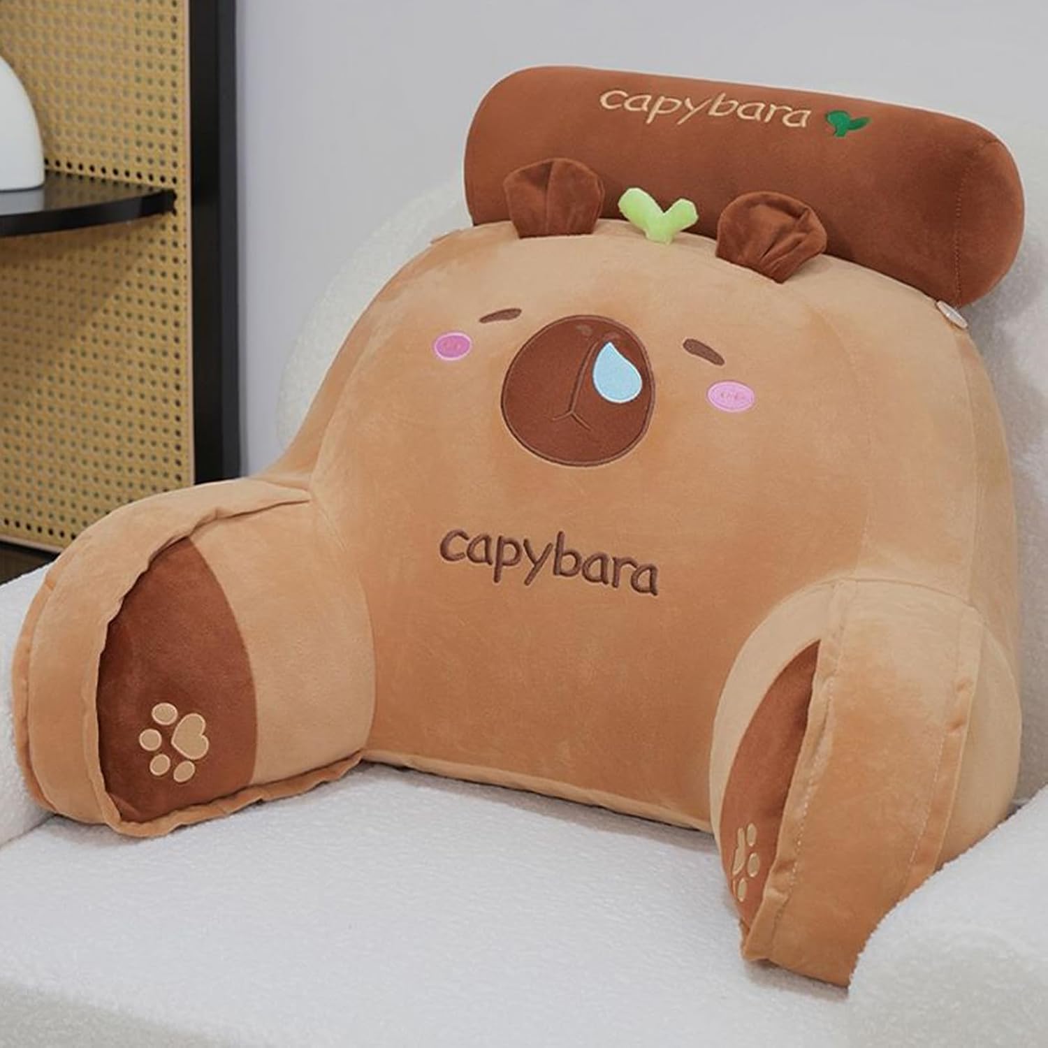Capybara Reading Pillow – Short Plush 65x45cm Backrest Cushion | Bedside Support Mat with Armrests Sprout Headboard Design | in Bed Reading Lounging Pillow for Bedroom Relaxation and Daily Use
