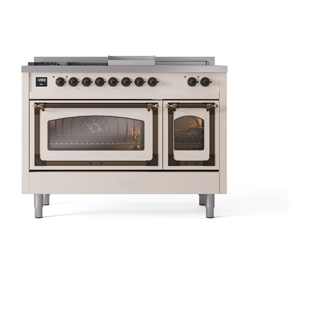 ILVE Nostalgie II Noblesse 48-Inch Dual Fuel Range with 5 Burners, Griddle, & French Top with Triple Glass Door Oven in Antique White with Bronze Trim (UN48FSNMPAWB)