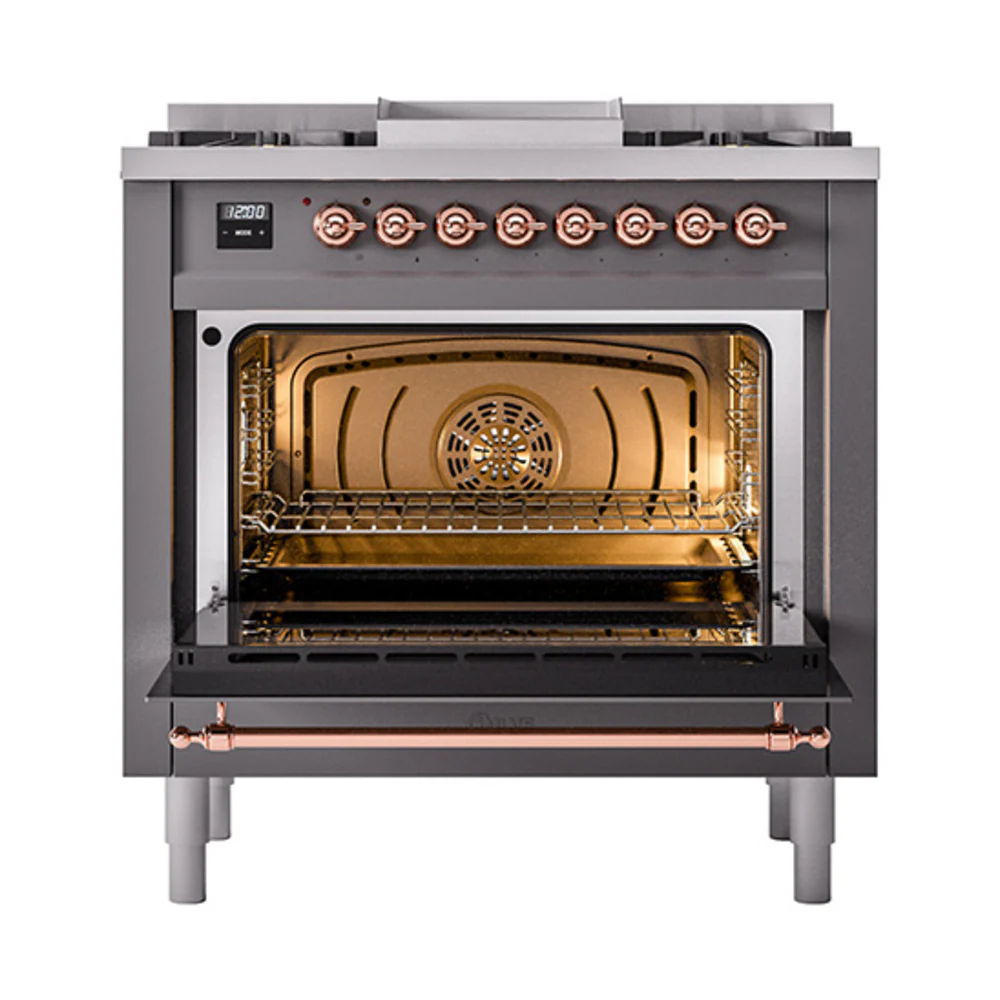ILVE Nostalgie II Noblesse 36-Inch Dual Fuel Range and Solid Door Oven in Matte Graphite with Copper Trim (UN36FQNMPMGP)