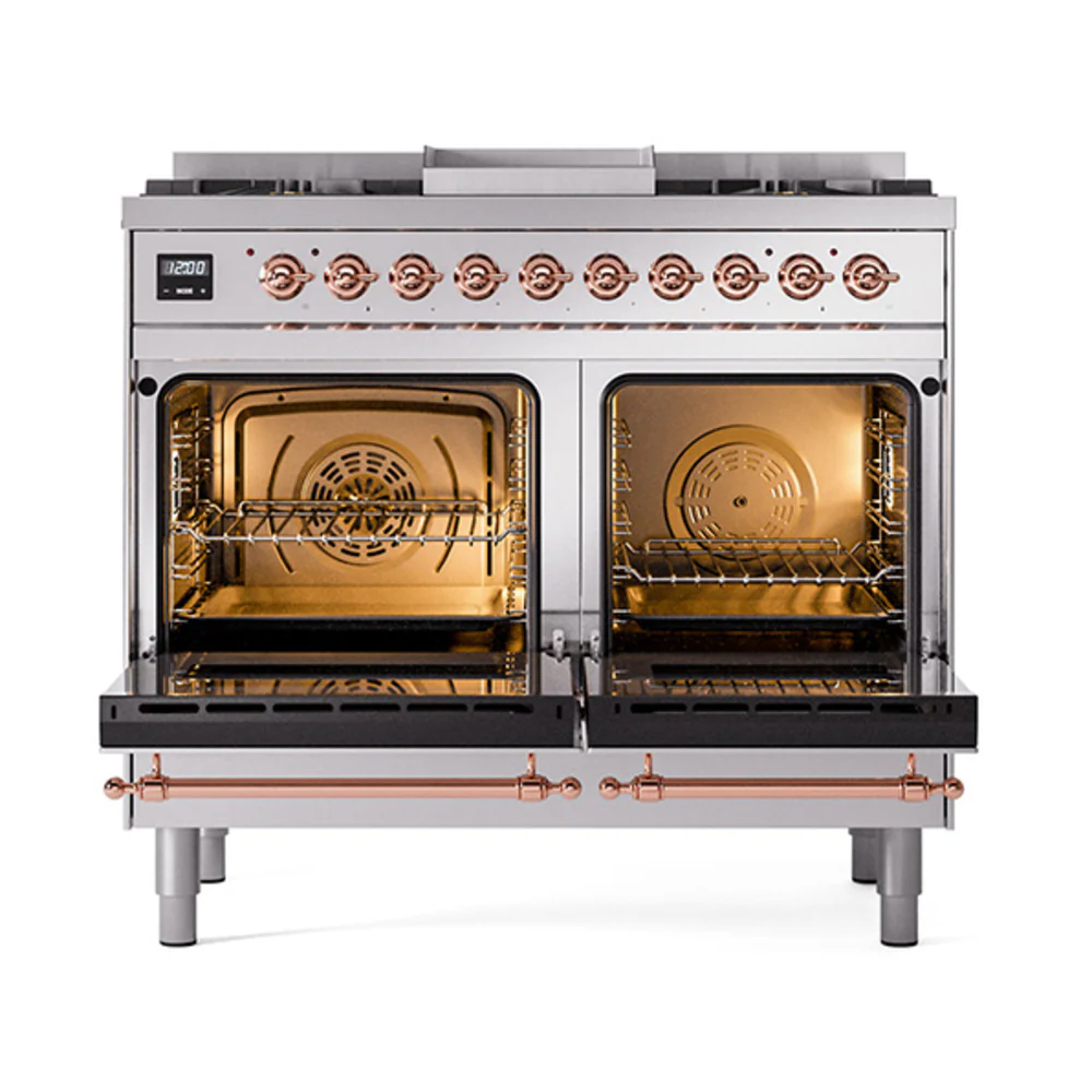 ILVE 40-Inch Nostalgie II Dual Fuel Range with 6 Burners, Griddle and Solid Door Oven in Stainless Steel with Copper Trim (UPD40FQNMPSSP)