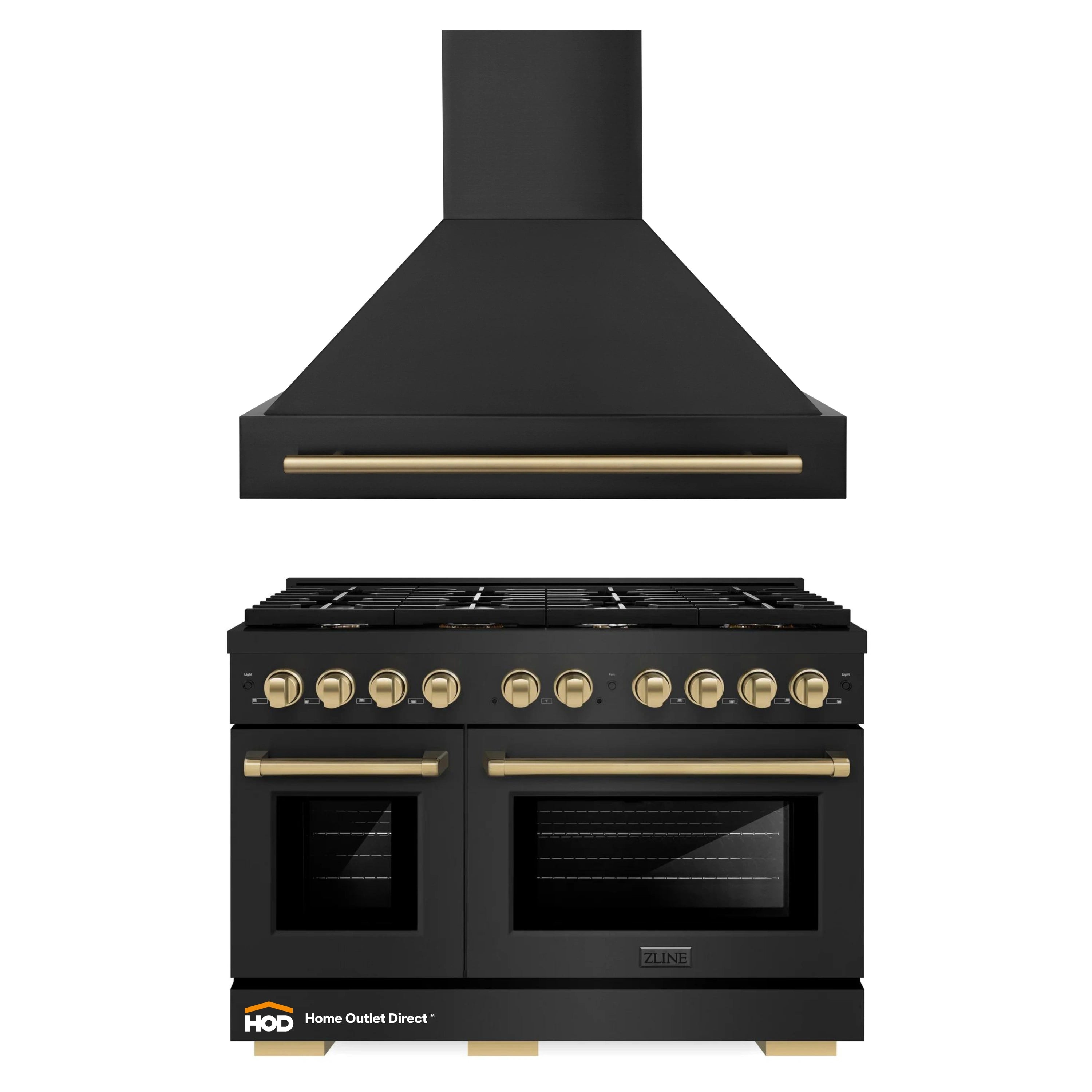ZLINE Autograph Edition 2-Piece Appliance Package - 48-Inch Gas Range & Wall Mounted Range Hood in Black Stainless Steel with Champagne Bronze Trim (2AKPR-SGRBRH48-CB)