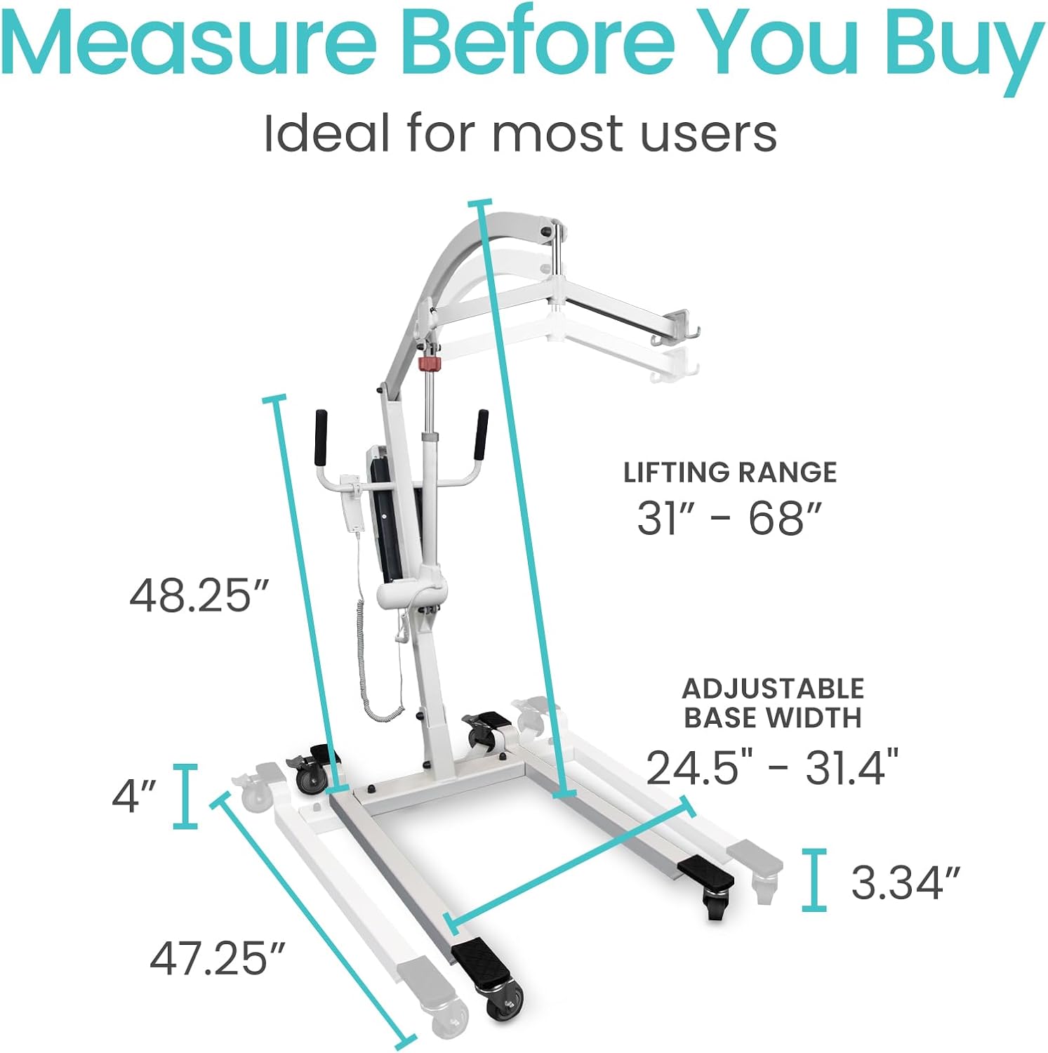 Vive Electric Patient Lift for Home Use with Sling - Portable, Adjustable Medical Patient Lift for Home Use - Electric Sit to Stand Chair for Elderly, Adults & Handicap - Person Floor Transfer Assist