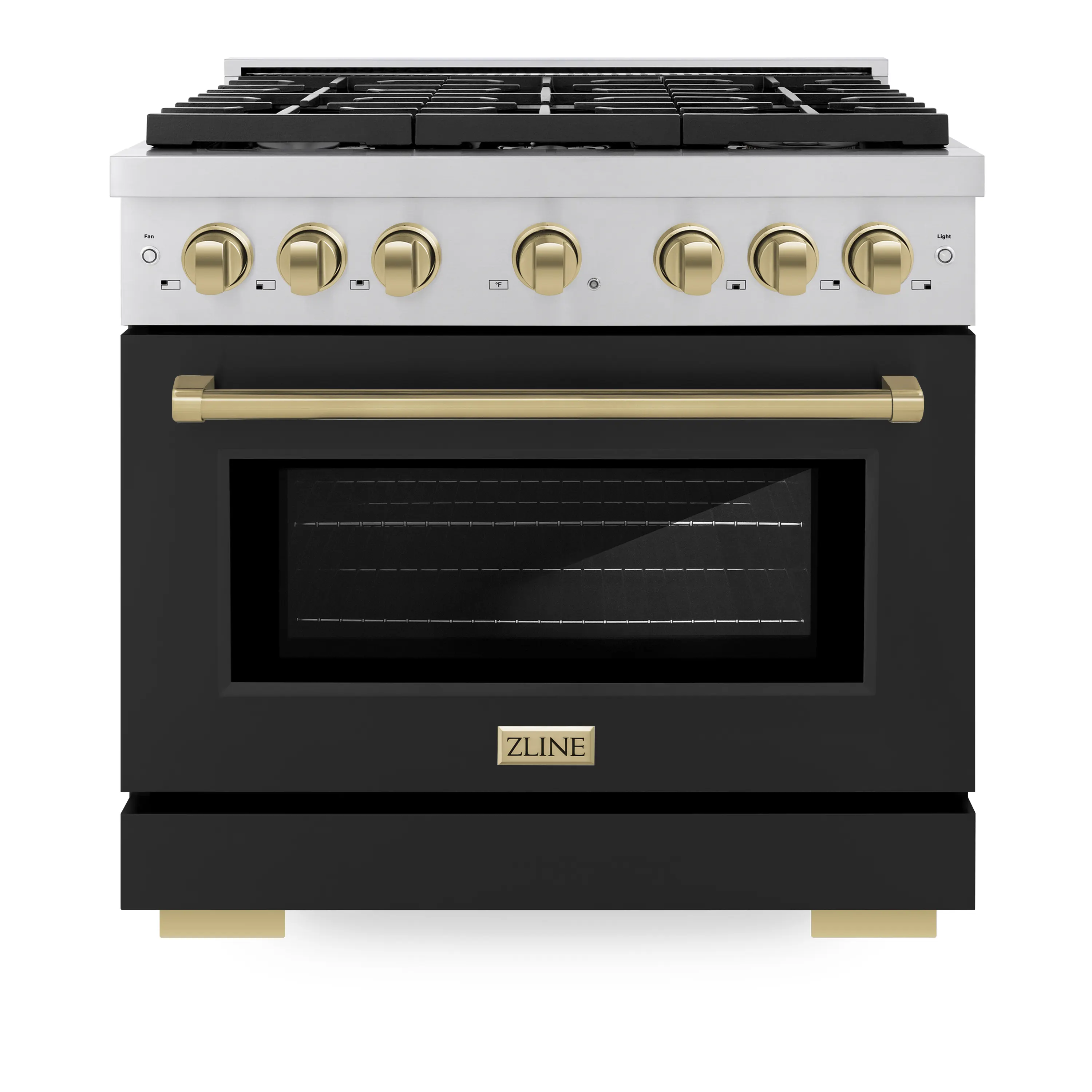 ZLINE Autograph Edition 36-Inch 5.2 cu. ft. Paramount Dual Fuel Range with 6 Burner Gas Cooktop and Electric Convection Oven in Stainless Steel with Black Matte Door and Champagne Bronze Accents (SDRZ-BLM-36-CB)