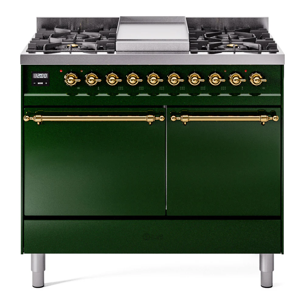 ILVE 40-Inch Nostalgie II Dual Fuel Range with 6 Burners, Griddle and Solid Door Oven in Emerald Green with Brass Trim (UPD40FQNMPEGG)