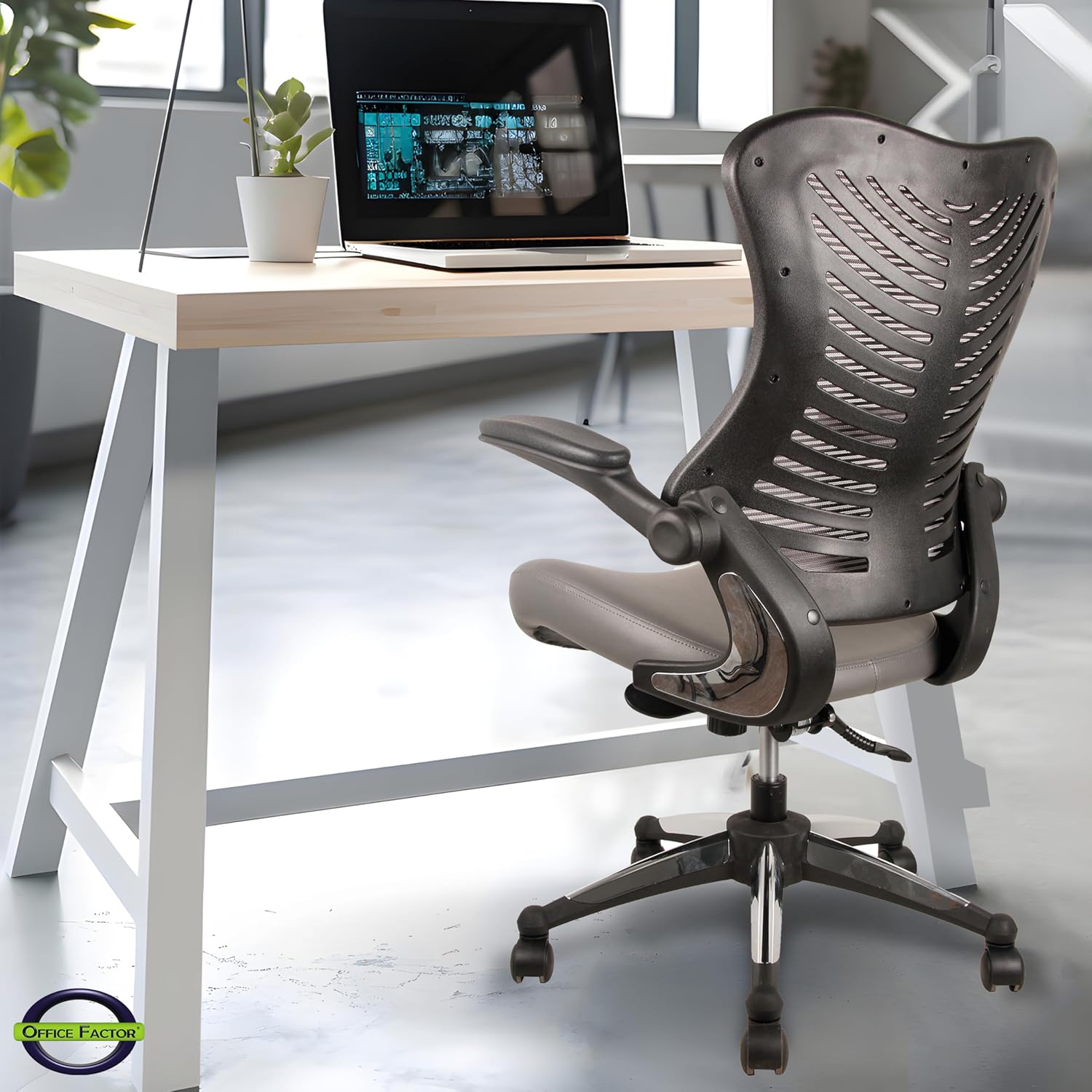 OfficeFactor Executive Ergonomic Computer Office Chair Back Mesh Bonded Leather Seat Flip-up Arms Lumbar Support Molded Foam Seat Adjustable Height Home Office Desk Chair (Grey)