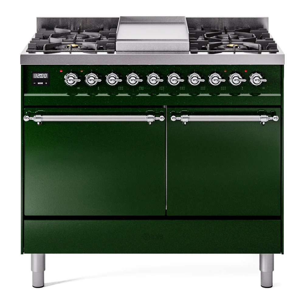 ILVE 40-Inch Nostalgie II Dual Fuel Range with 6 Burners, Griddle and Solid Door Oven in Emerald Green with Chrome Trim (UPD40FQNMPEGC)