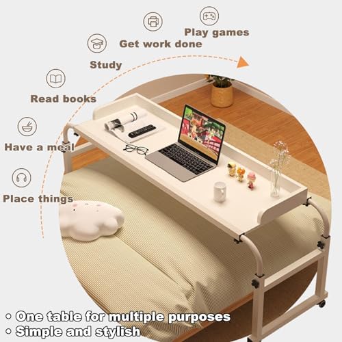 Rolling Over Bed Table, Adjustable Over Bed Desk with Wheels - Height & Width Adjustable Laptop Workstation, Mobile Food Tray & Medical Table for Home & Office Use