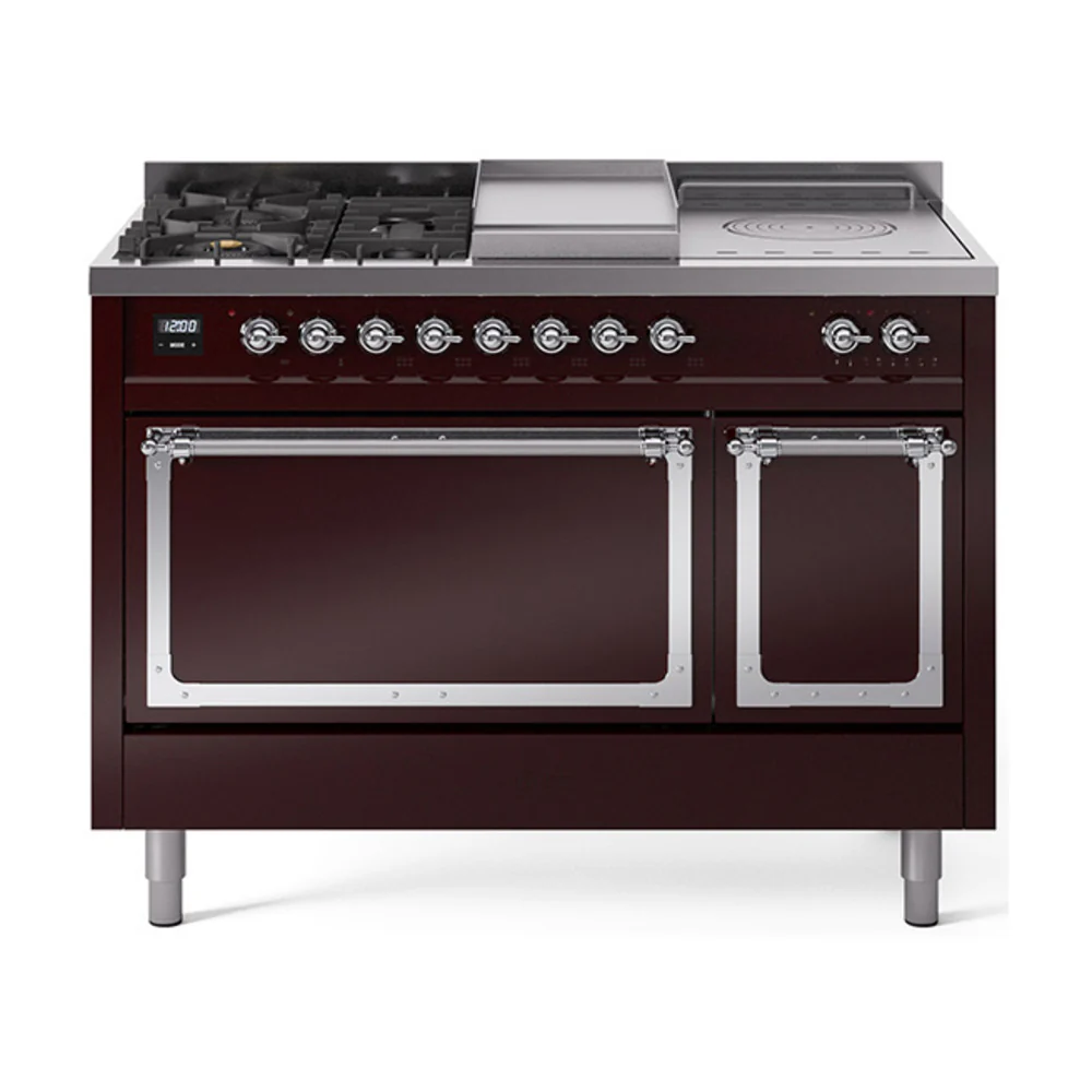 ILVE 48-Inch Nostalgie II Noblesse Dual Fuel Range with 5 Sealed Burners, Griddle, French Top and Solid Door Oven in Burgundy with Chrome Trim (UN48FSQNMPBUC)