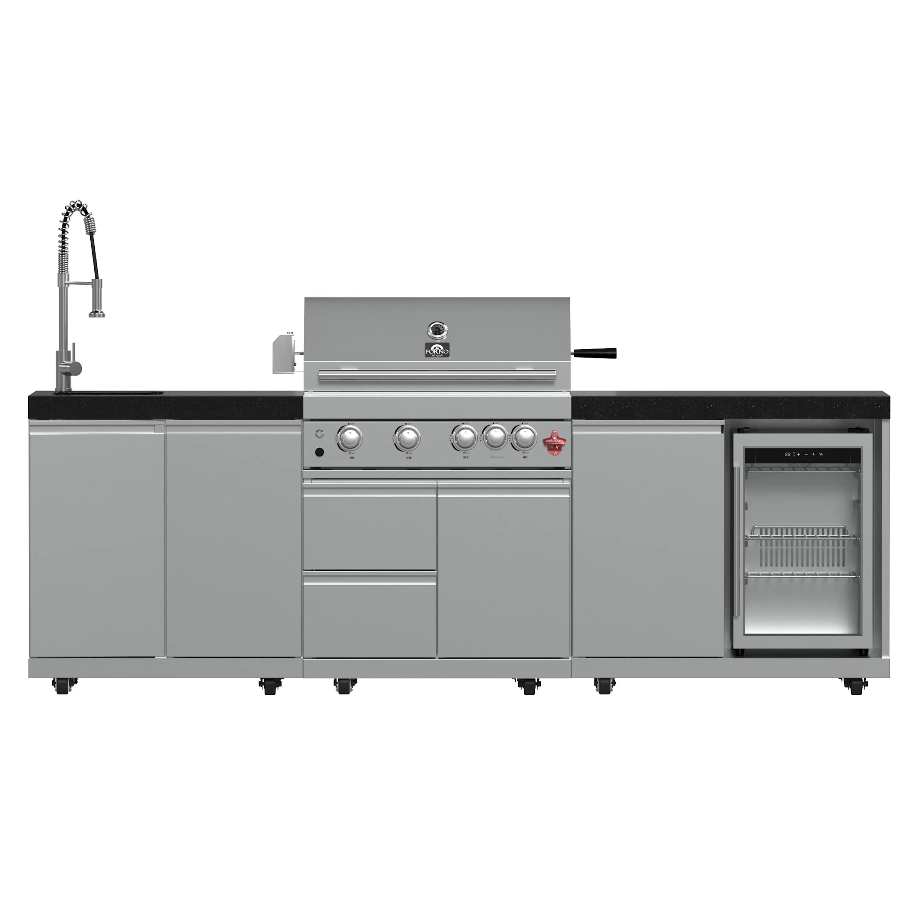 Forno Bulnes Outdoor Kitchen 30-Inch BBQ 60,000 BTU, with Sear, Rotisserie Infrared Burners, 1.8 Cu.Ft. Beverage Center, & Black Countertops (FODKT2506BLK)