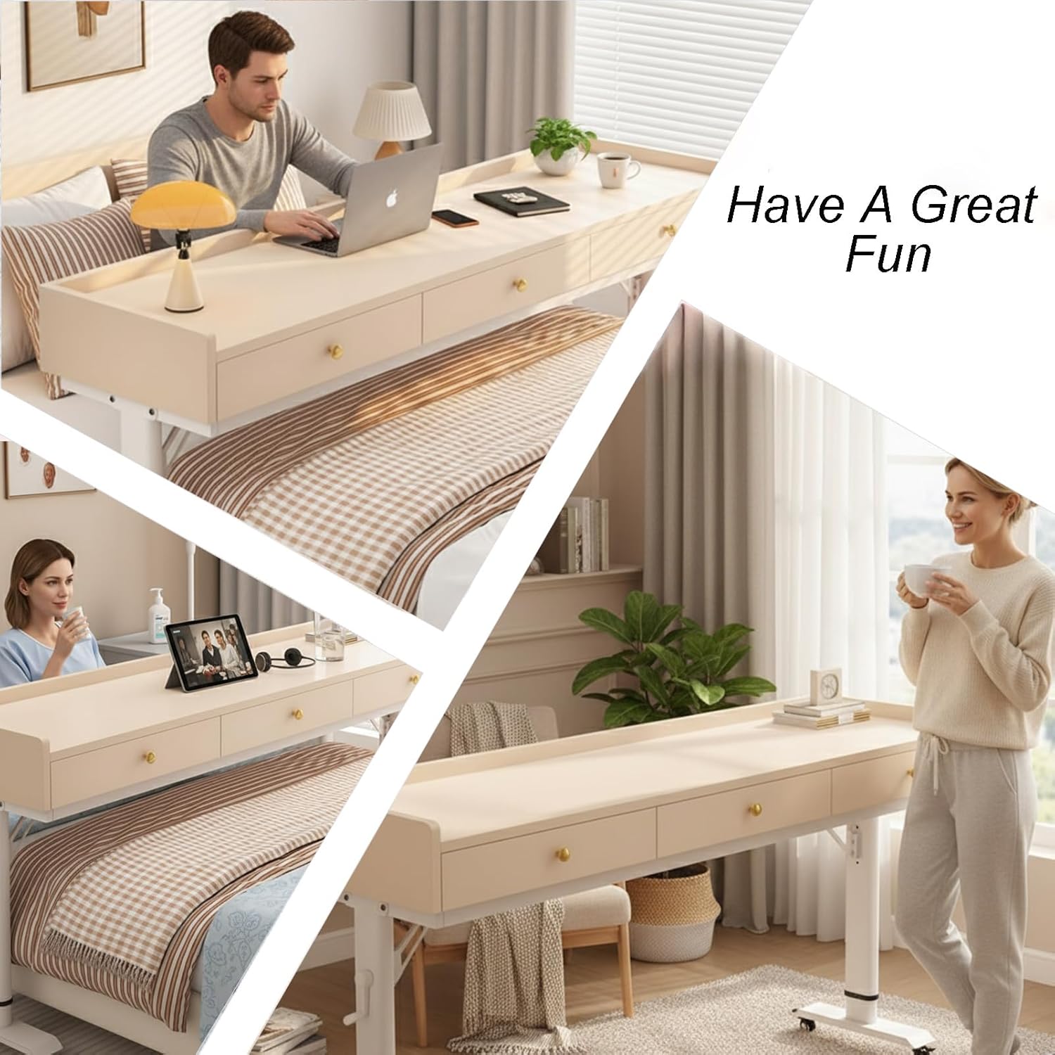 Over The Bed Desk with Wheels & Drawer, Height Adjustable Over The Bed Table, Crank Adjustment, Safety Baffle, Mobile Laptop Computer Cart for Hospital, Bedroom, Home Office Use