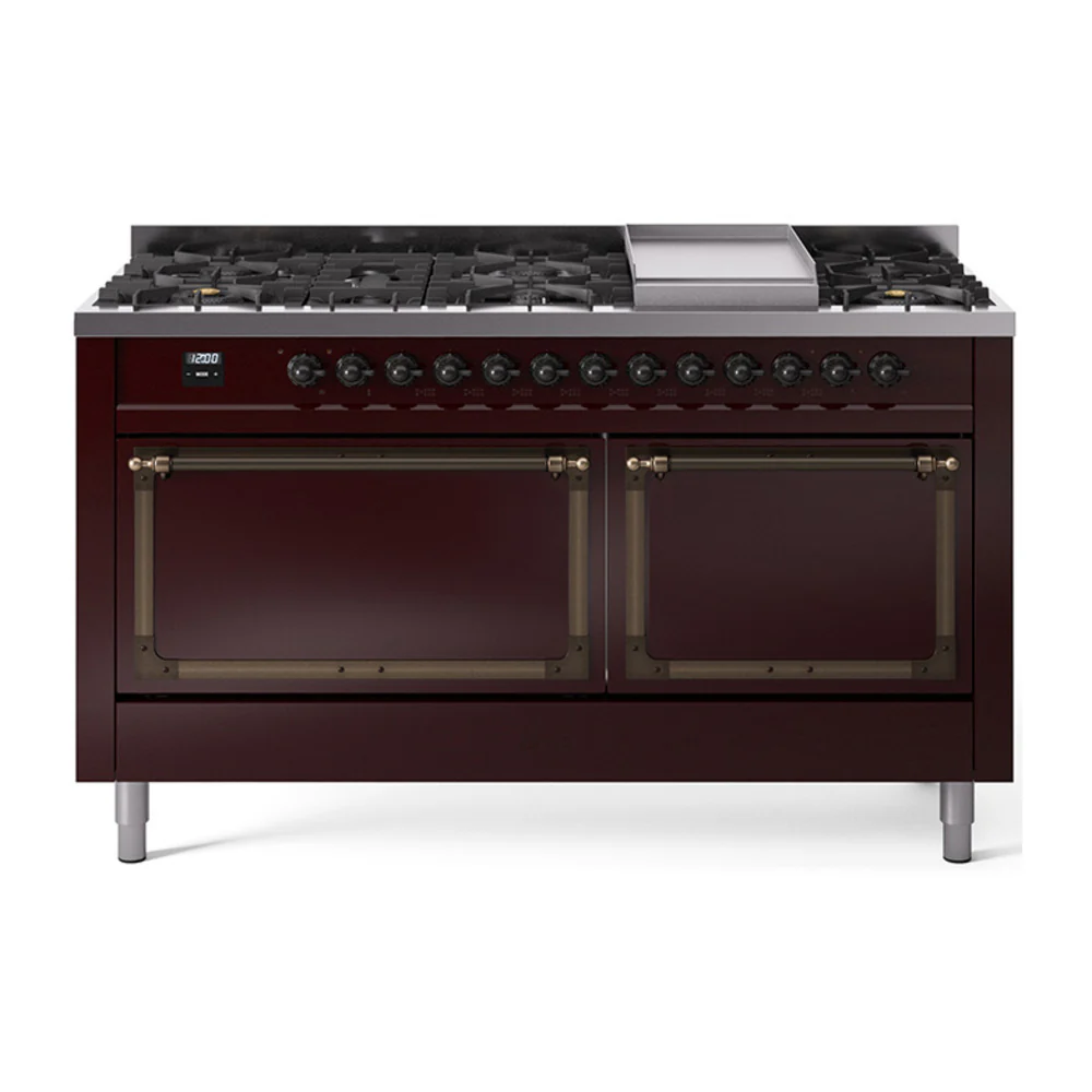 ILVE 60-Inch Nostalgie II Noblesse Dual Fuel Range with 9 Sealed Burners, Griddle, and Solid Door Oven in Burgundy with Bronze Trim (UN60FQNMPBUB)