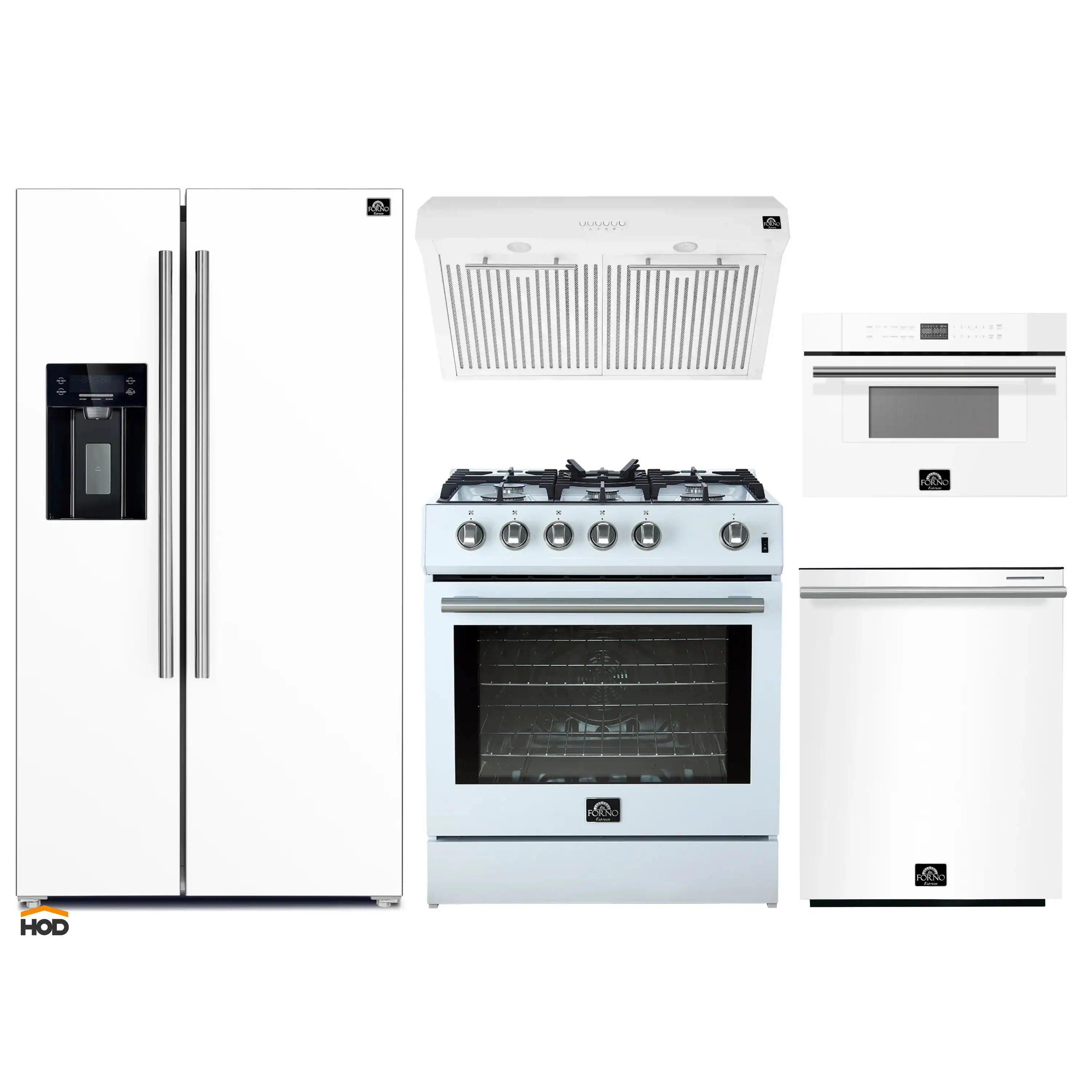 Forno 5-Piece Appliance Package - 30-Inch Gas Range, Under Cabinet Range Hood, Refrigerator wth Water Dspenser, Dishwasher, and 30-Inch Microwave Drawer in White with Stainless Steel Trim