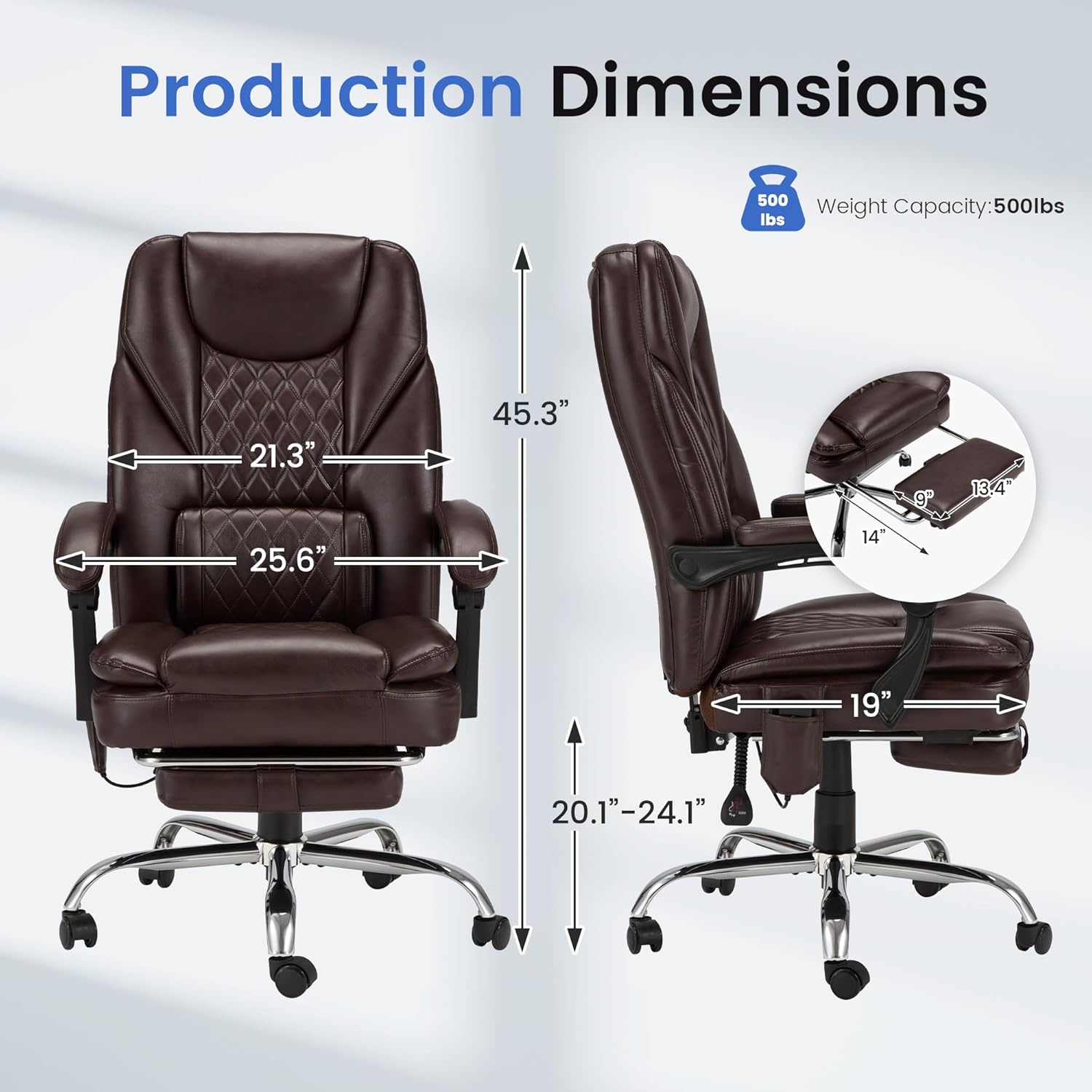 HOMREST 6-Point Massage Office Chair,Heated Executive Chair,Ergonomic Home Office Desk Chair with Foot Rest Retractable Height Adjustable Armrest & Lumbar Support PU Leather (Brown)