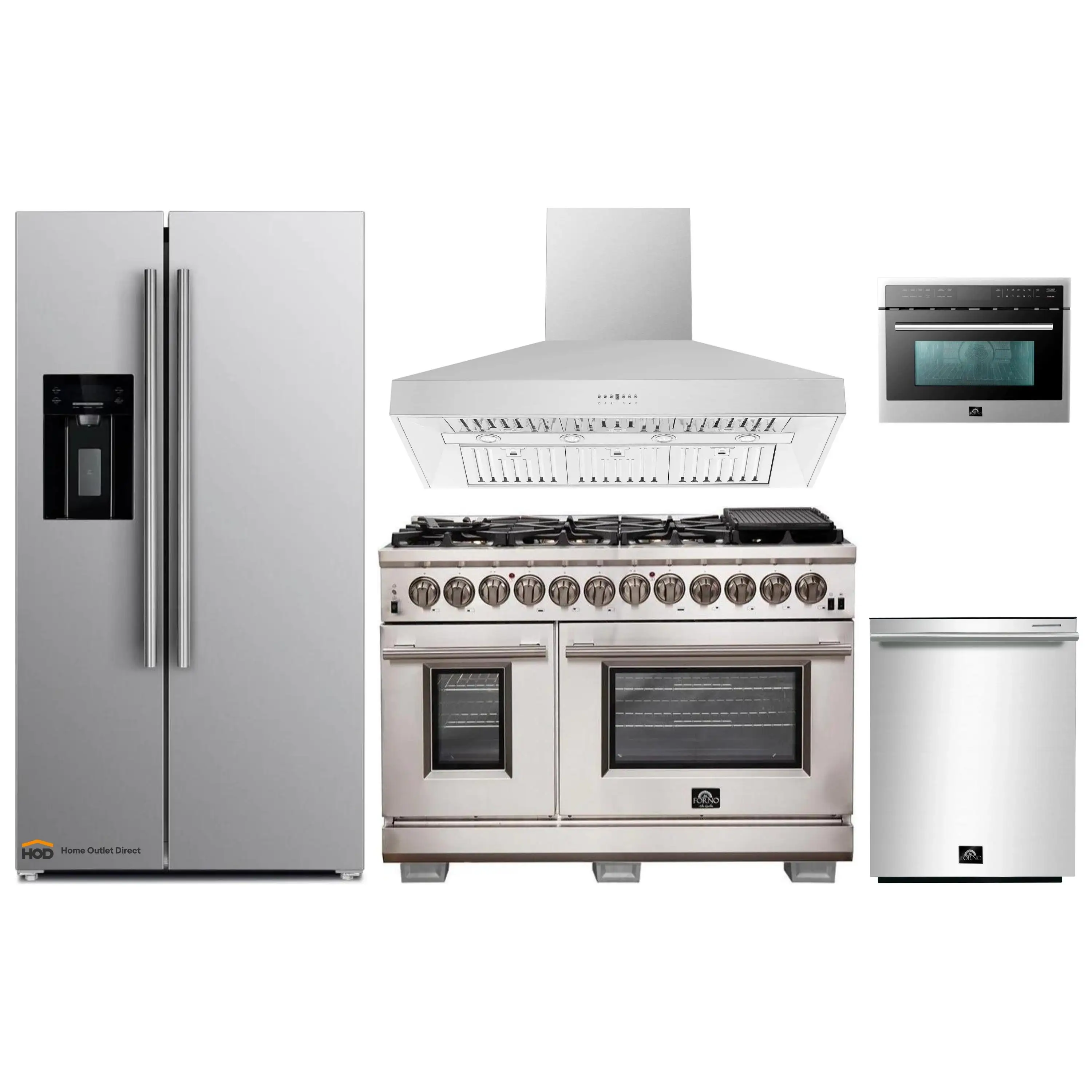 Forno 5-Piece Pro Appliance Package - 48-Inch Dual Fuel Range, Refrigerator with Water Dispenser, Wall Mount Hood, 24-Inch Microwave Oven, & 3-Rack Dishwasher in Stainless Steel