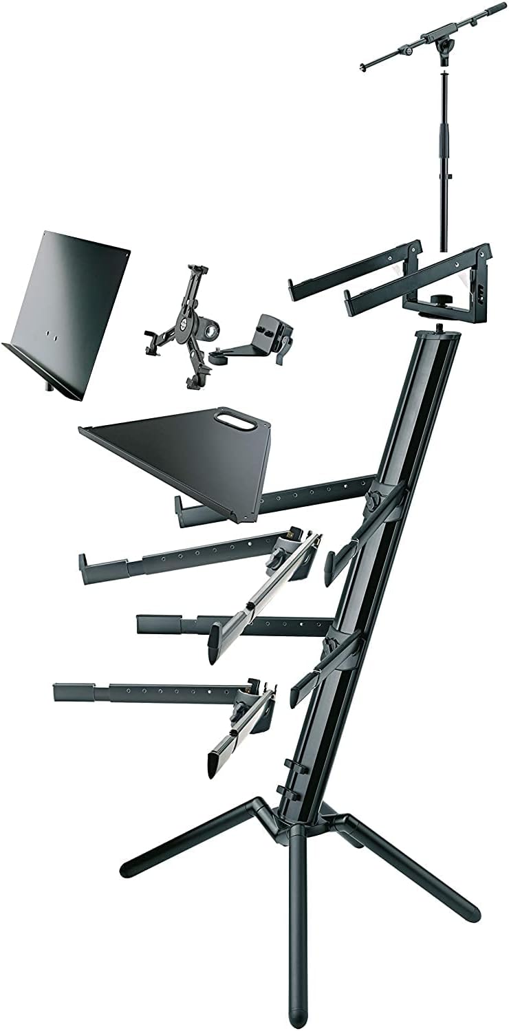 K&M Konig & Meyer 18860.000.35 Spider Pro Keyboard Stand | Height & Depth Adjustment For 2 Keyboards | Extendable Arms | Mic Boom Thread | Cable Clamp | Folds For Travel German Made Black Anodized