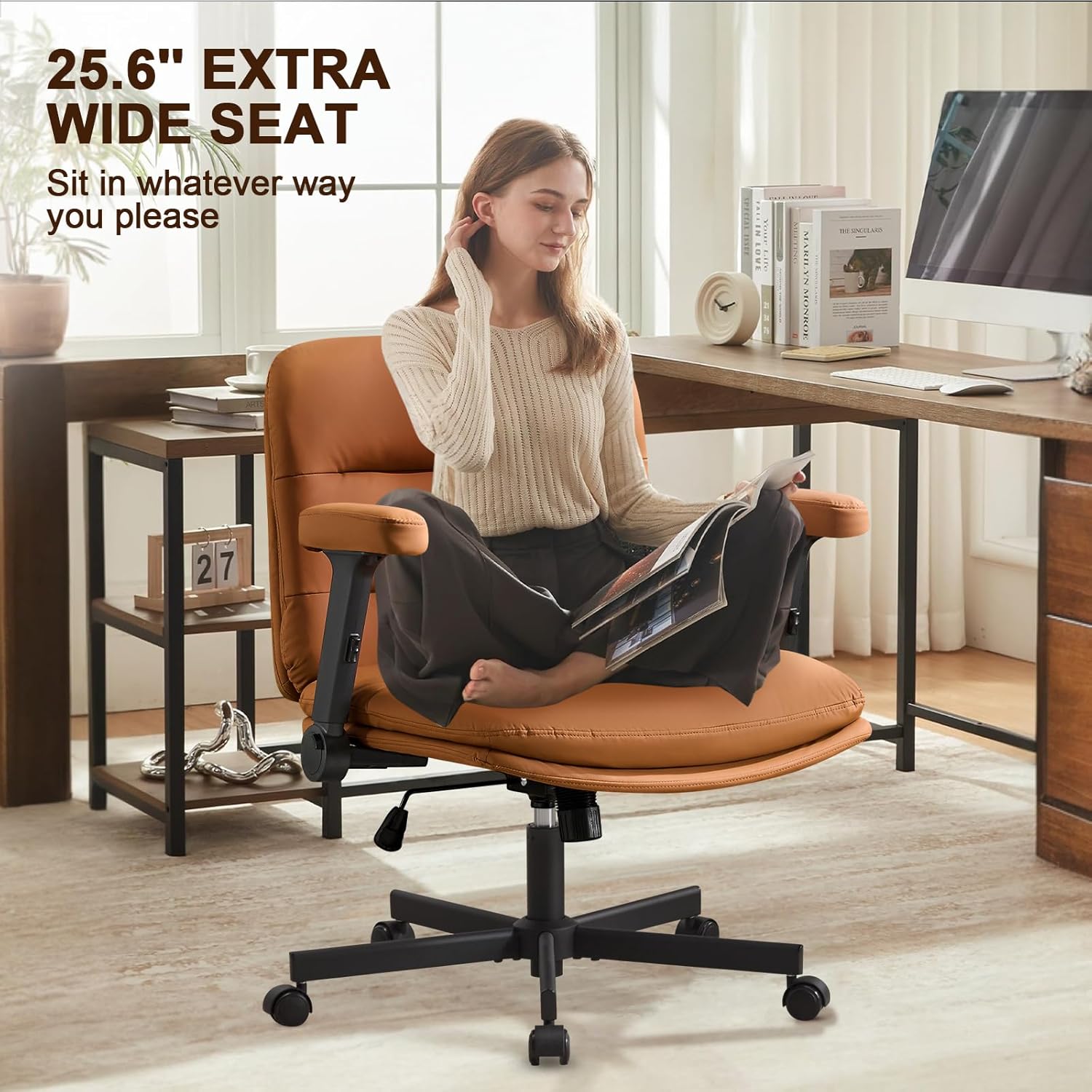 Furniliving Criss Cross Office Chair with Wheels and Flip-up Arms, Luxury Cat Scratch PU Leather Vanity Desk Chair, Upholstered Wide Cross Legged Chair for Home Office, Bedroom, Brown