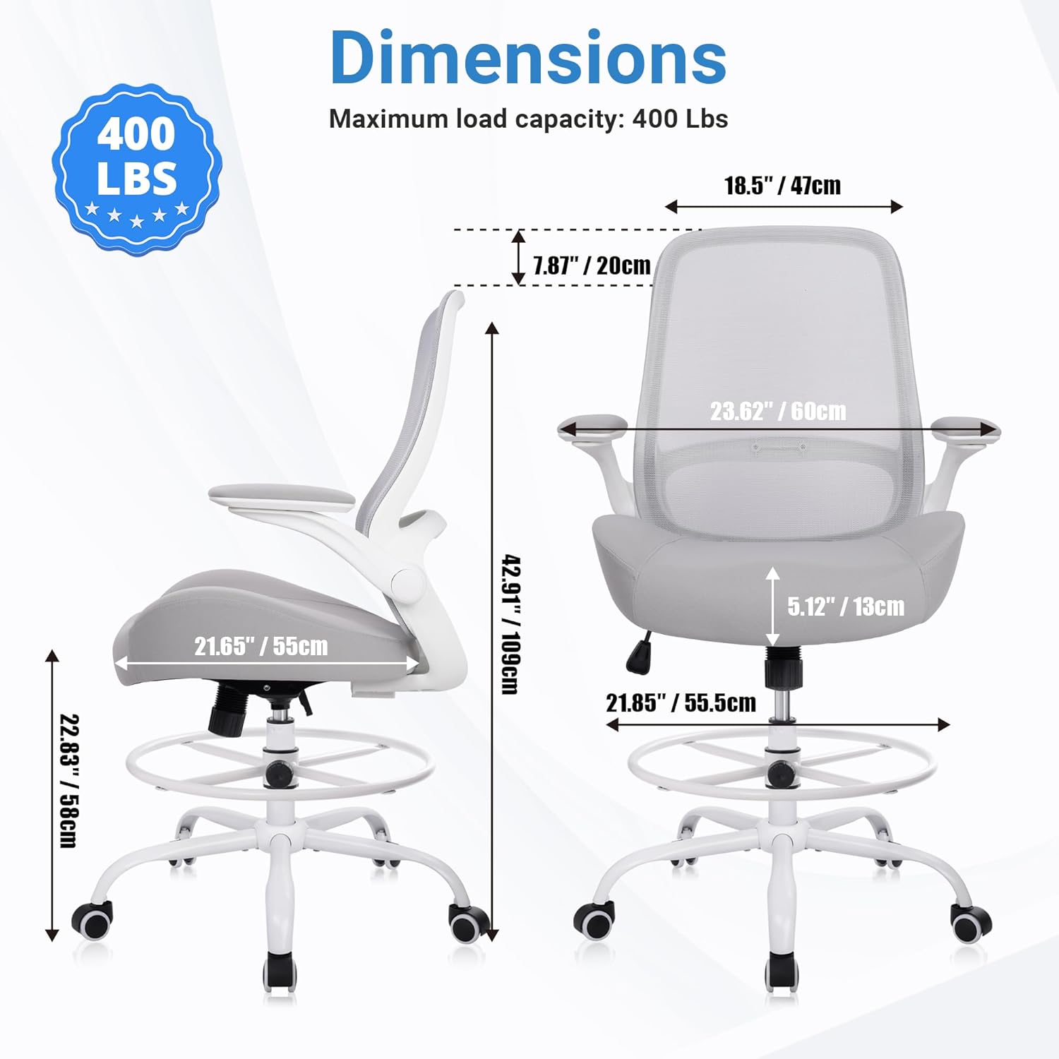 HYLONE Drafting Chair Tall Office Chair with Flip-Up Armrests Ergonomic Computer Chair with Lumbar Support Adjustable Footrest Ring Mesh Standing Desk Chair (Grey)
