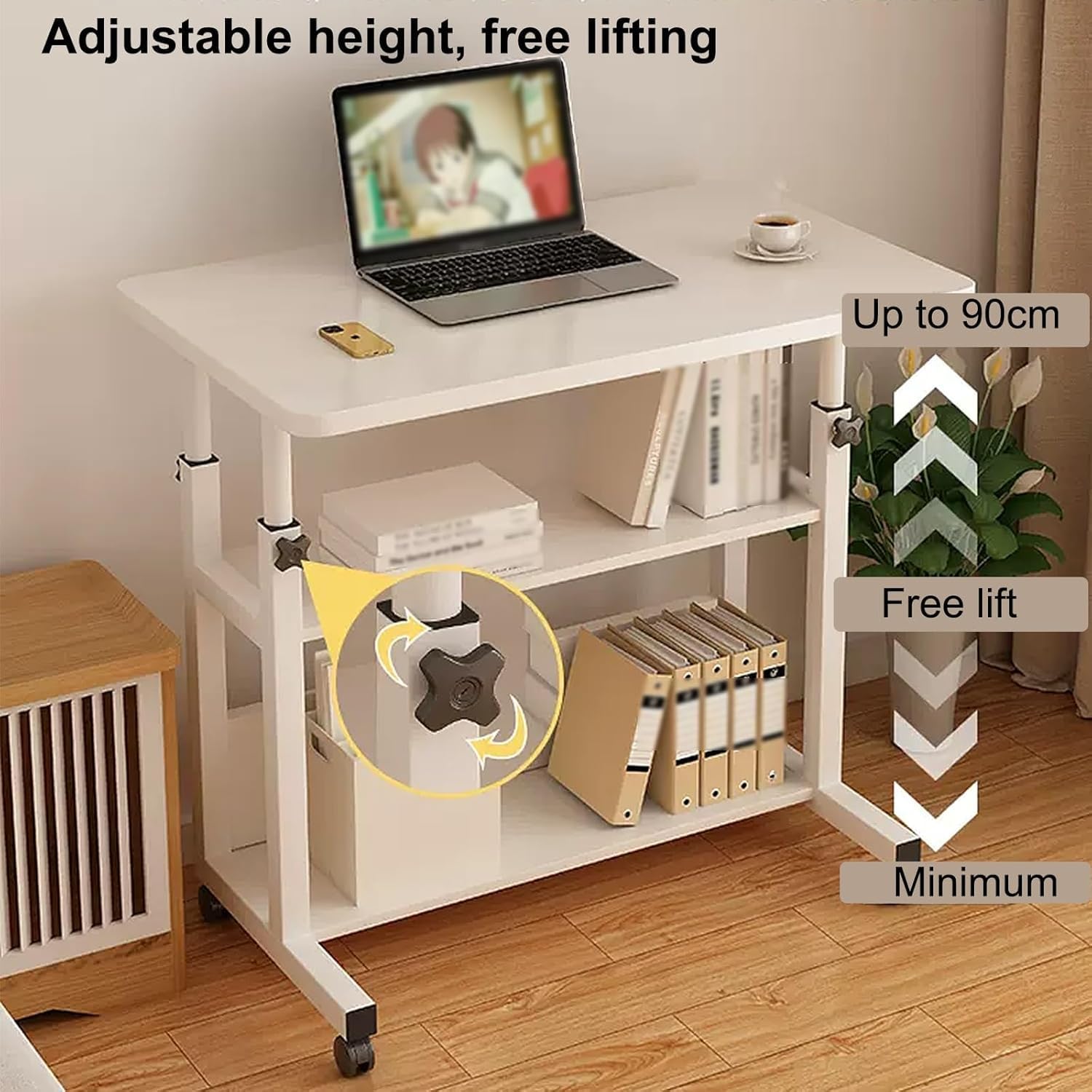 Over Bed Table with Wheels Adjustable Height Artificial Board Overbed Table, Removable Lift Bedside Table, Multi Tier Storage, Suitable for Home, Office, Hospital(White,80x50x60cm)