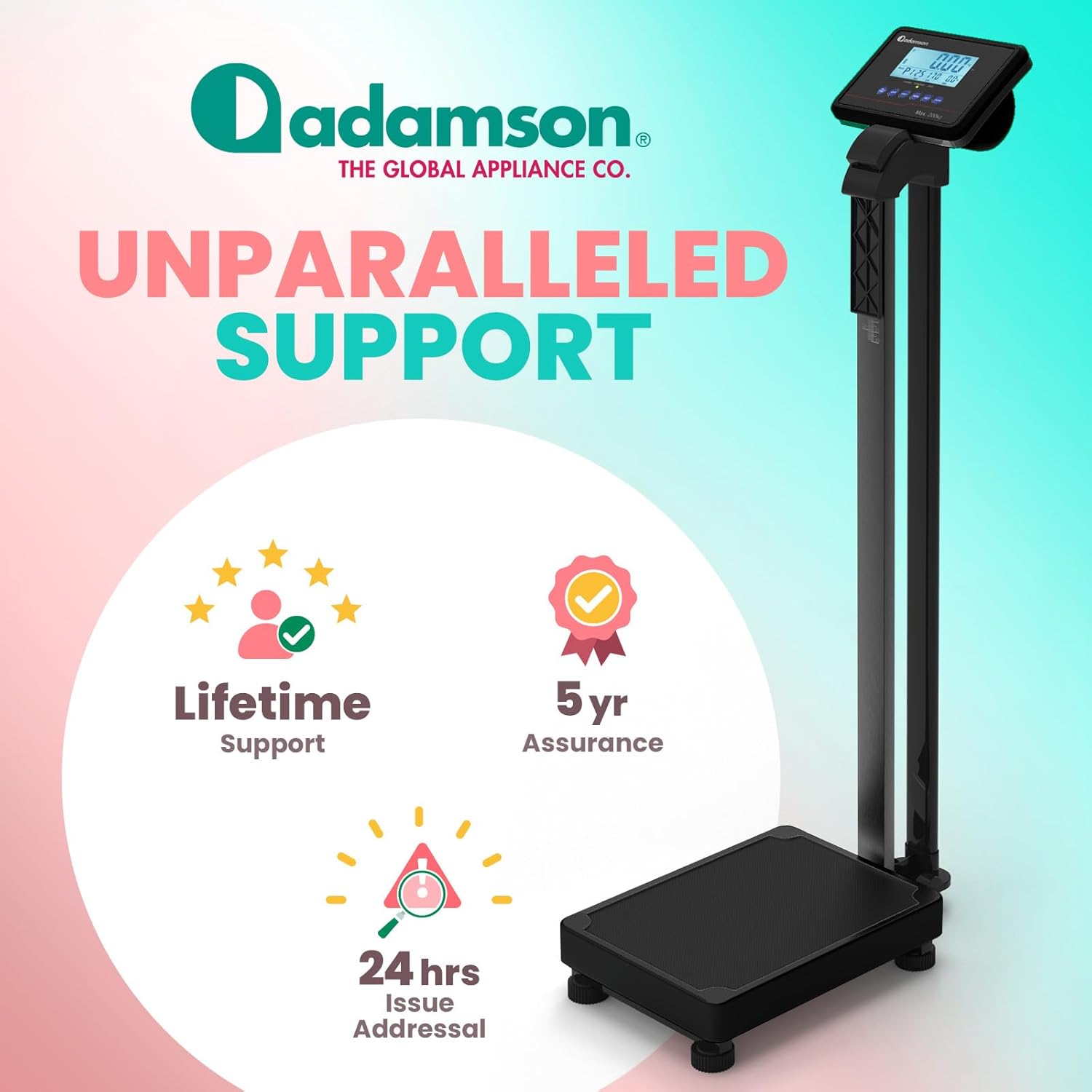 Adamson M1 Medical Scale, 440 lb/ 200 kg Capacity, BMI with Weight and Height, Professional Digital Scale for Body Weight, Home, Hospital, & Physicians, Heavy Duty - Black