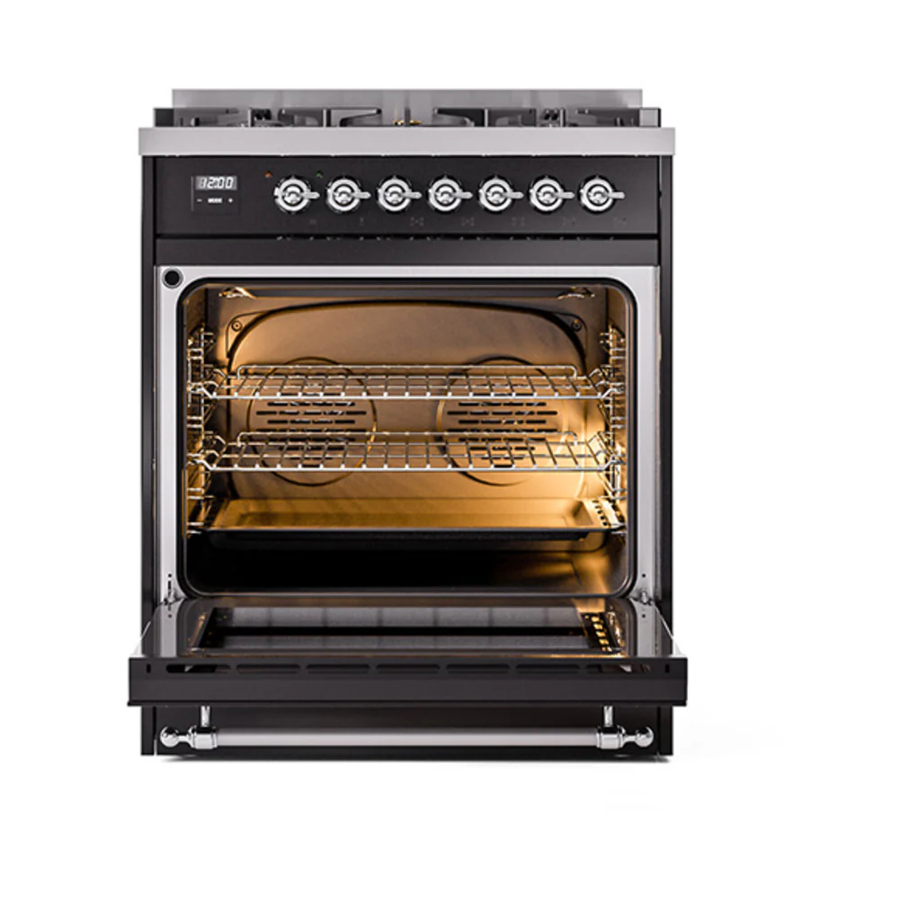 ILVE Nostalgie II Noblesse 30-Inch Dual Fuel Range with Solid Door in Glossy Black with Chrome Trim (UN30QNMPBKC)