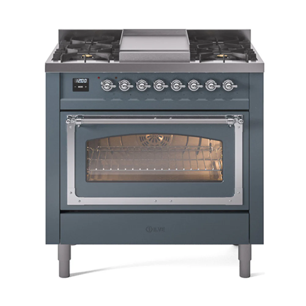 ILVE Nostalgie II Noblesse 36-Inch Dual Fuel Range and Triple Glass Door in Blue Grey with Chrome Trim (UN36FNMPBGC)