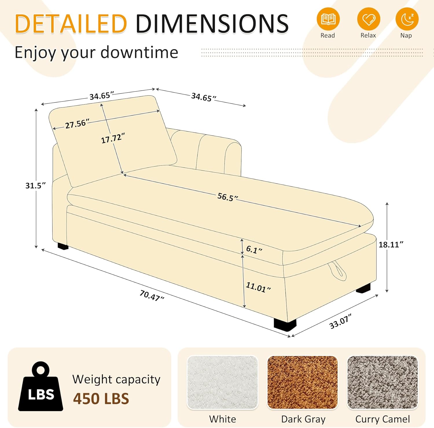 VANOMi 70.47'' Oversized Chaise Lounge Chair Indoor with Storage Space, Modern Upholstered Sofa Bed, Boucle Leisure Recliner with Thick Cushion and Left Armrest for Living Room, Office, Bedroom,White