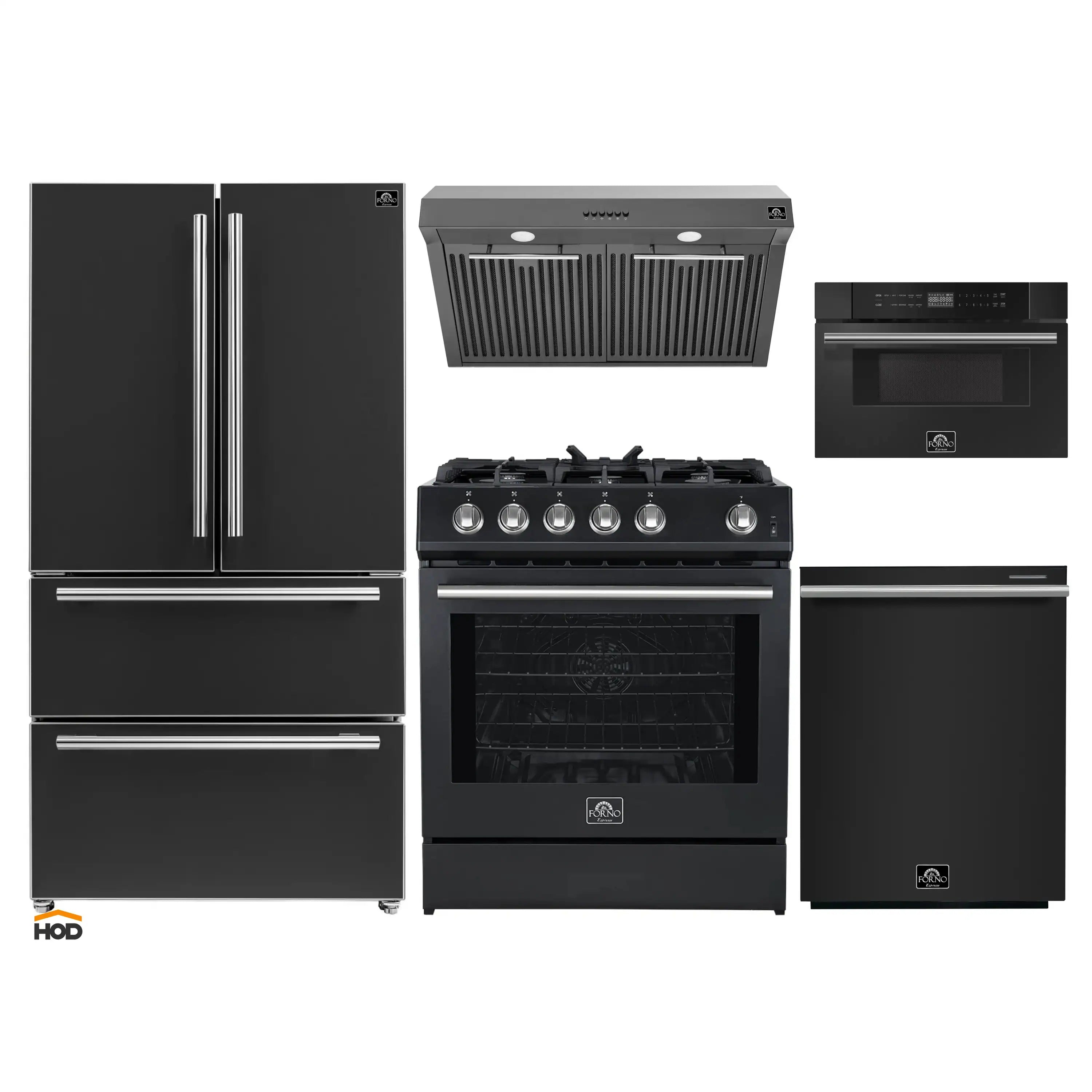 Forno 5-Piece Appliance Package - 30-Inch Gas Range, Under Cabinet Range Hood, Refrigerator, Dishwasher, and 30-Inch Microwave Drawer in Black with Stainless Steel Trim