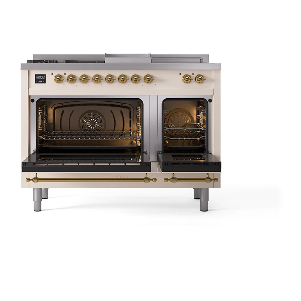 ILVE Nostalgie II 48-Inch Dual Fuel Range with 5 Burners, Griddle, & French Top, with Solid Door Oven in Antique White with Brass Trim (UP48FSQNMPAWG)