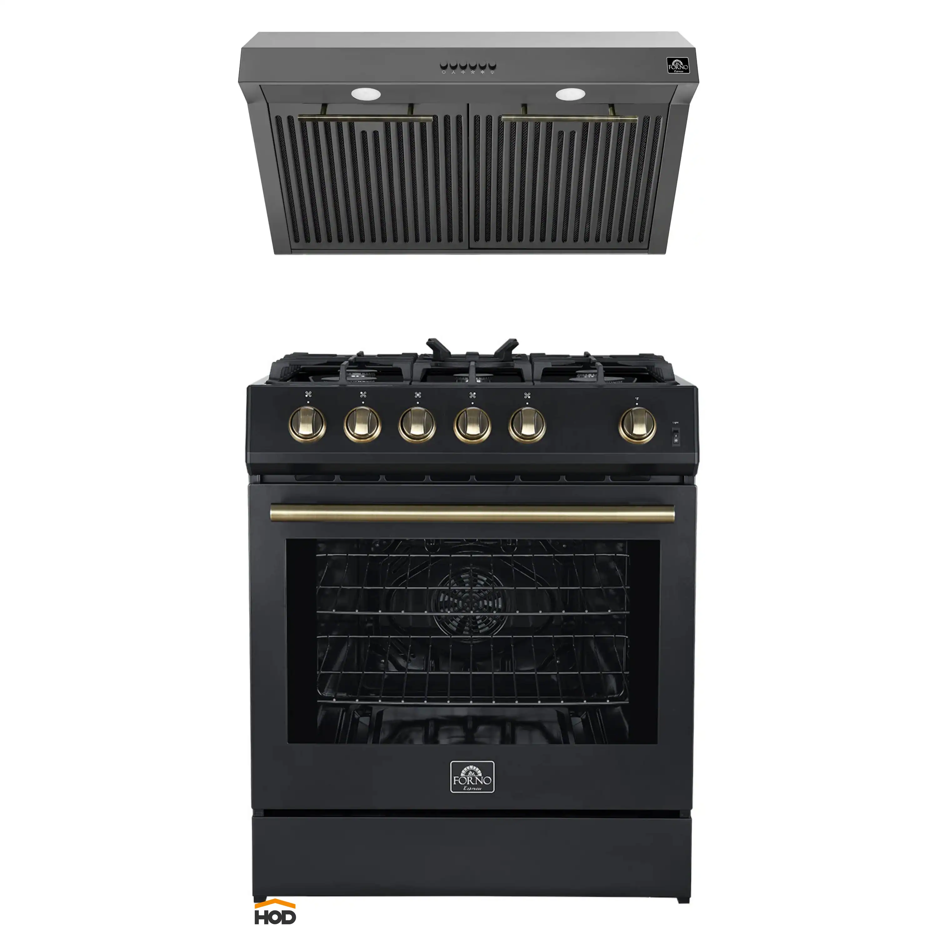Forno 2-Piece Appliance Package - 30-Inch Gas Range & Under Cabinet Range Hood in Black with Antique Brass Trim