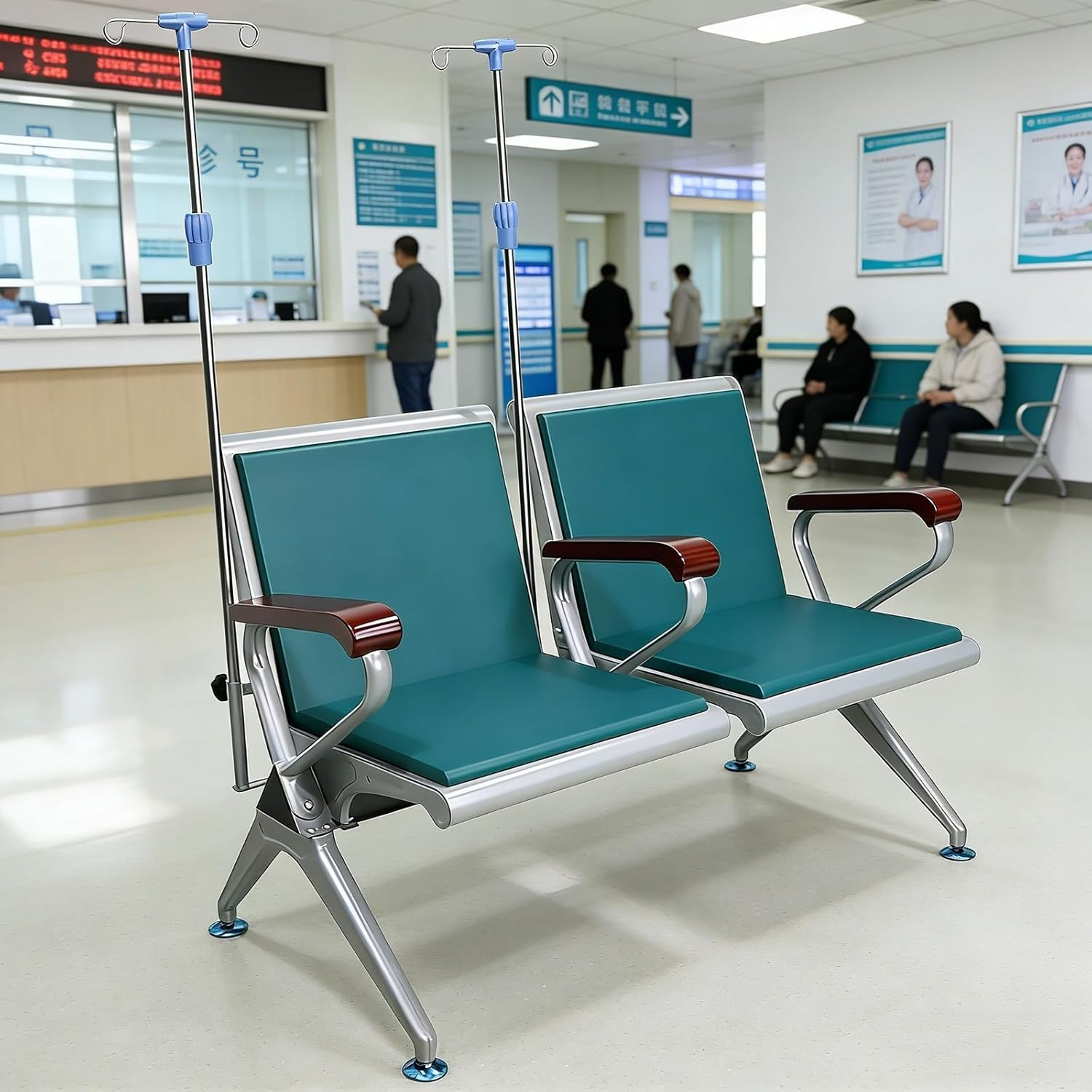 2 Seats Waiting Room Chairs, Medical Chair with Iv Stand, with Backrest and Armrests, for Clinics, Hospitals, and Communities(Green)