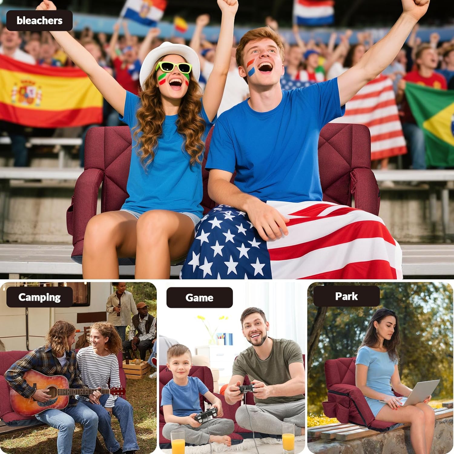 25inch Extra Wide Stadium Seat, Thick Bleacher Chair with Back Support and Cushion, 6 Reclining Positions Bleacher Seat with Armrest, Upgrade Sofa Style Stadium Chair for Sport Events and Outdoors