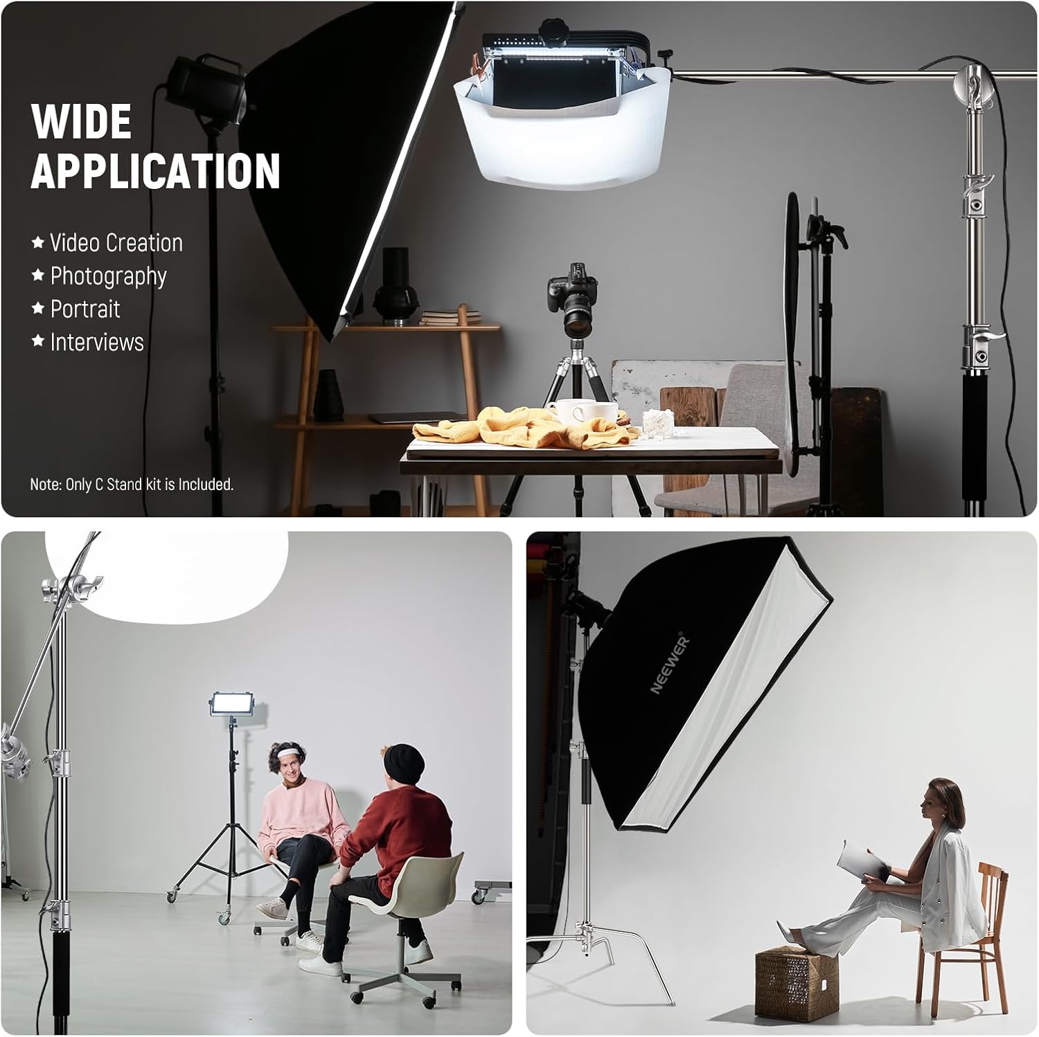 NEEWER Basics 100% Stainless Steel Heavy Duty C Stand with Boom Arm, Max 10.5ft/320cm Photography Light Stand, 4.2ft/128cm Holding Arm, 2 Grip Heads for Studio Monolight Softbox Reflector, SC320 Lite