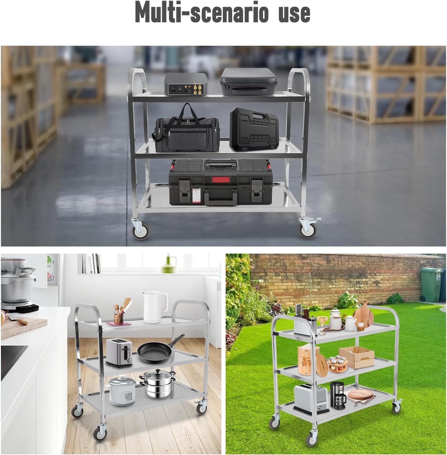 3 Shelf Stainless Steel Cart with Wheels, Kitchen Rolling Cart 330 lbs Weight Capacity, Service Trolley with Lockable Universal Wheels, for Lab, Clinic, Kitchen, Salon, 37.2