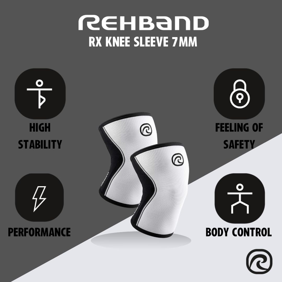 Rehband RX Knee Support for Strength Training & Fitness - 7mm Neoprene Knee Sleeve, Flexible & Non-Slip, Knee Sleeve for Men & Women, Colour:White - 1 Pair, Size:Large