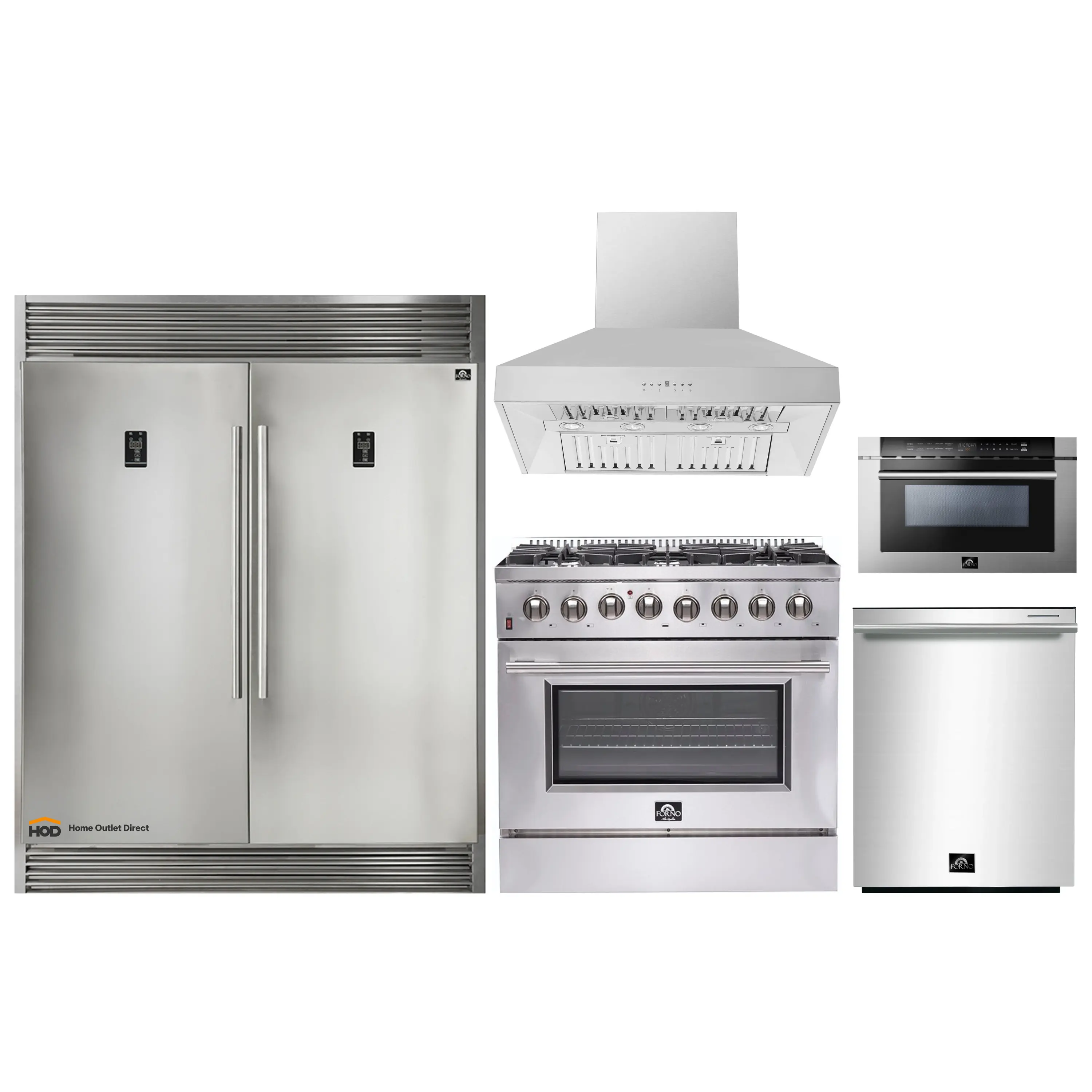 Forno 5-Piece Appliance Package - 36-Inch Dual Fuel Range, 60-Inch Pro-Style Refrigerator, Wall Mount Hood, 24-Inch Microwave Drawer, & 3-Rack Dishwasher in Stainless Steel