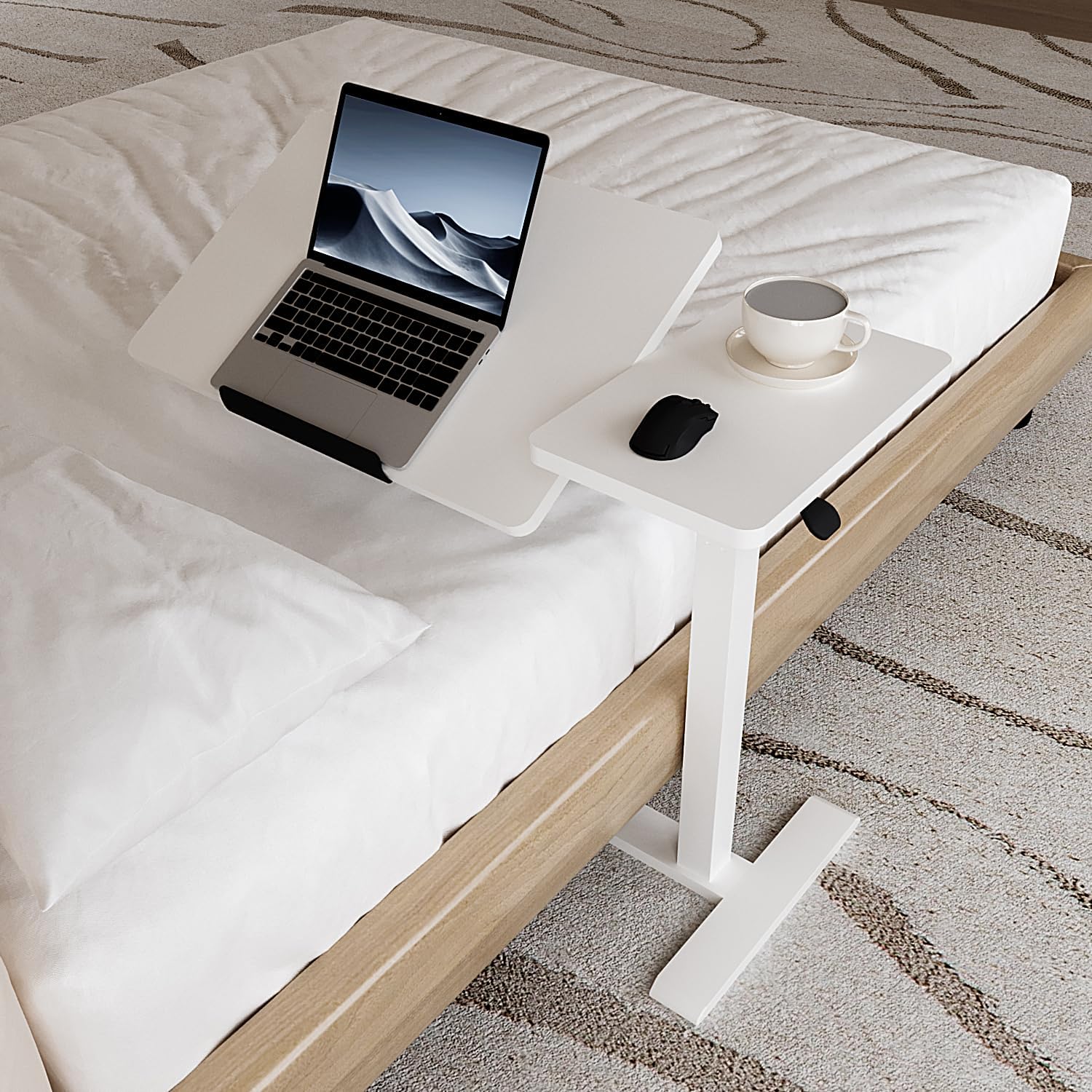 Adjustable Overbed Bedside Table with Wheels Pneumatic Mobile Standing Laptop Desk Rolling Computer Cart Movable Couch Desk Hospital Home Use, White