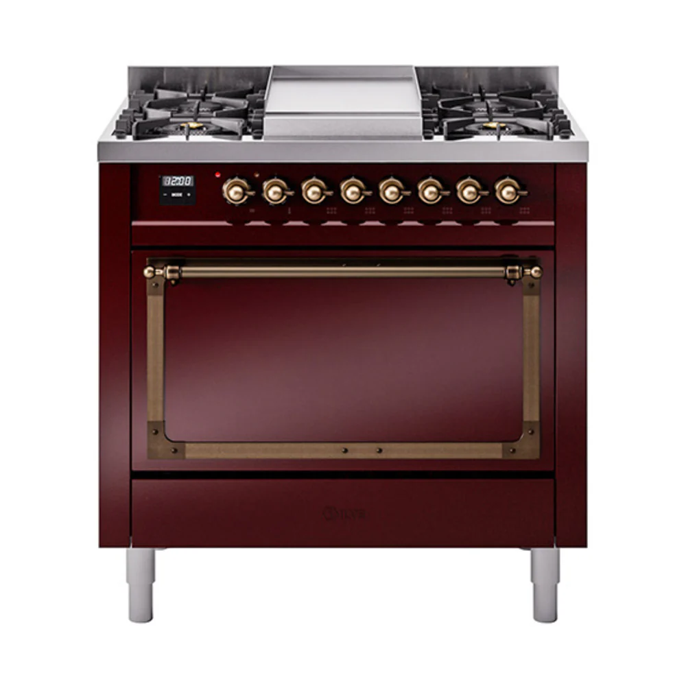 ILVE Nostalgie II Noblesse 36-Inch Dual Fuel Range and Solid Door Oven in Burgundy with Bronze Trim (UN36FQNMPBUB)