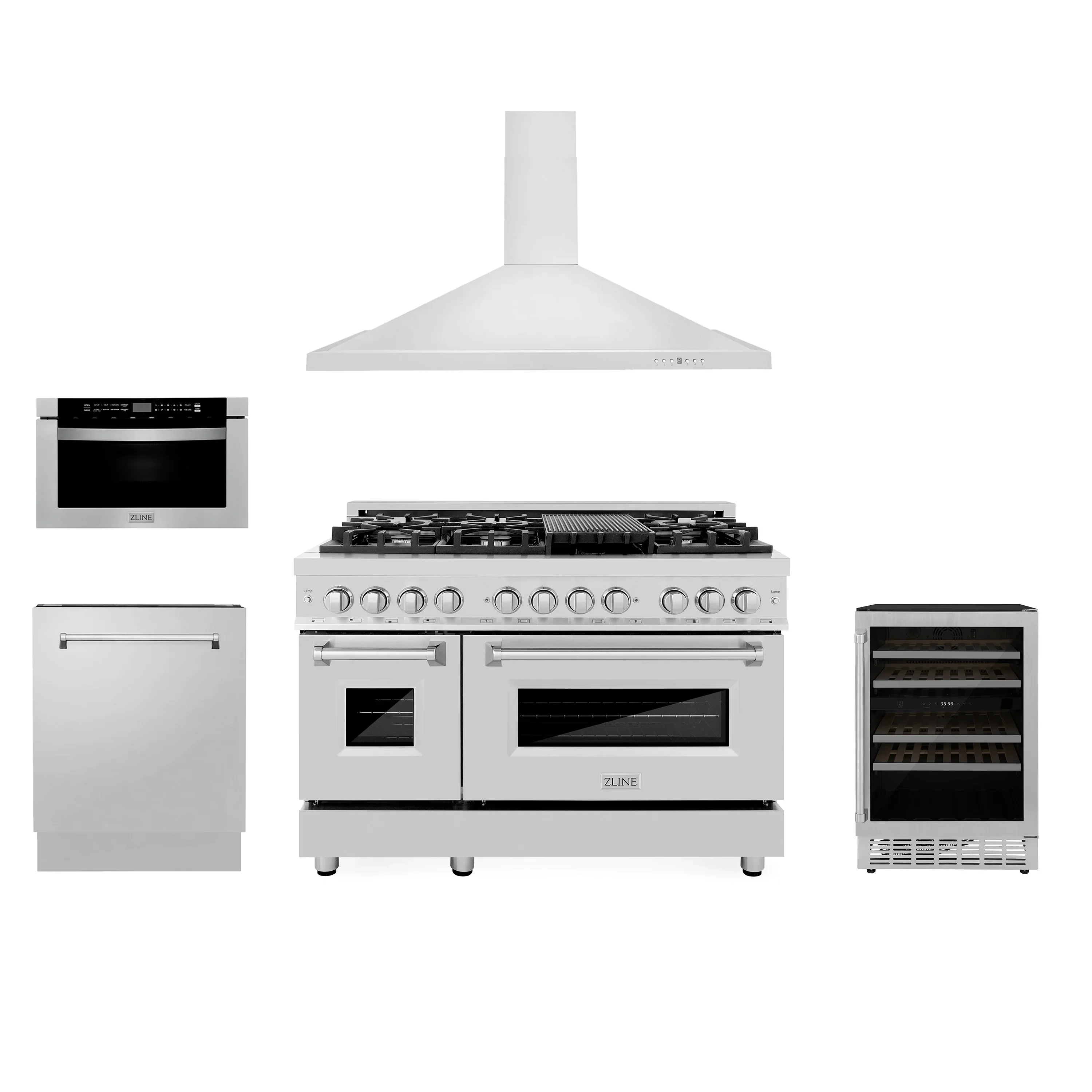 ZLINE Appliance Package - 48-Inch Dual Fuel Range, Range Hood, Microwave Drawer, Tall Tub Dishwasher and Wine Cooler in Stainless Steel (5KP-RARH48-MWDWV-RWV)