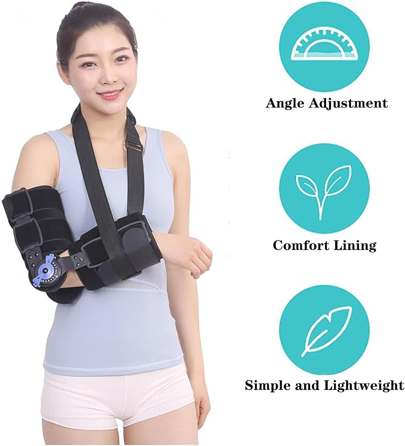 Hinged Elbow Brace Range of Motion Support Sling Stabilizer for Dislocated Arm Adjustable Splint & Shoulder Strap Length Elbow Brace for Post Op, Surgery Recovery
